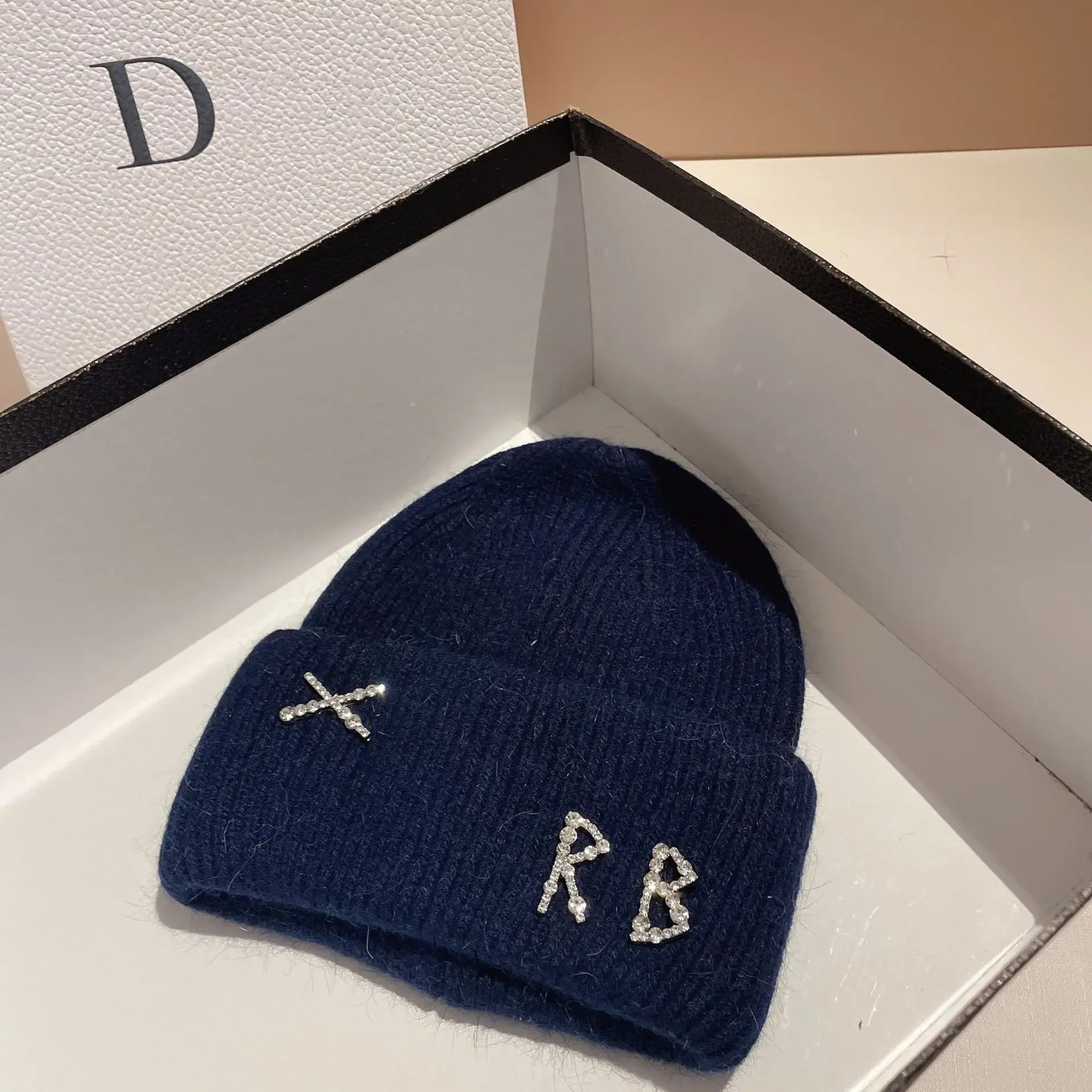 Winter Warm Real Rabbit Fur Beanies Hats with Diamond Letter for Women Skiing Cap Casual Bonnet – view 9
