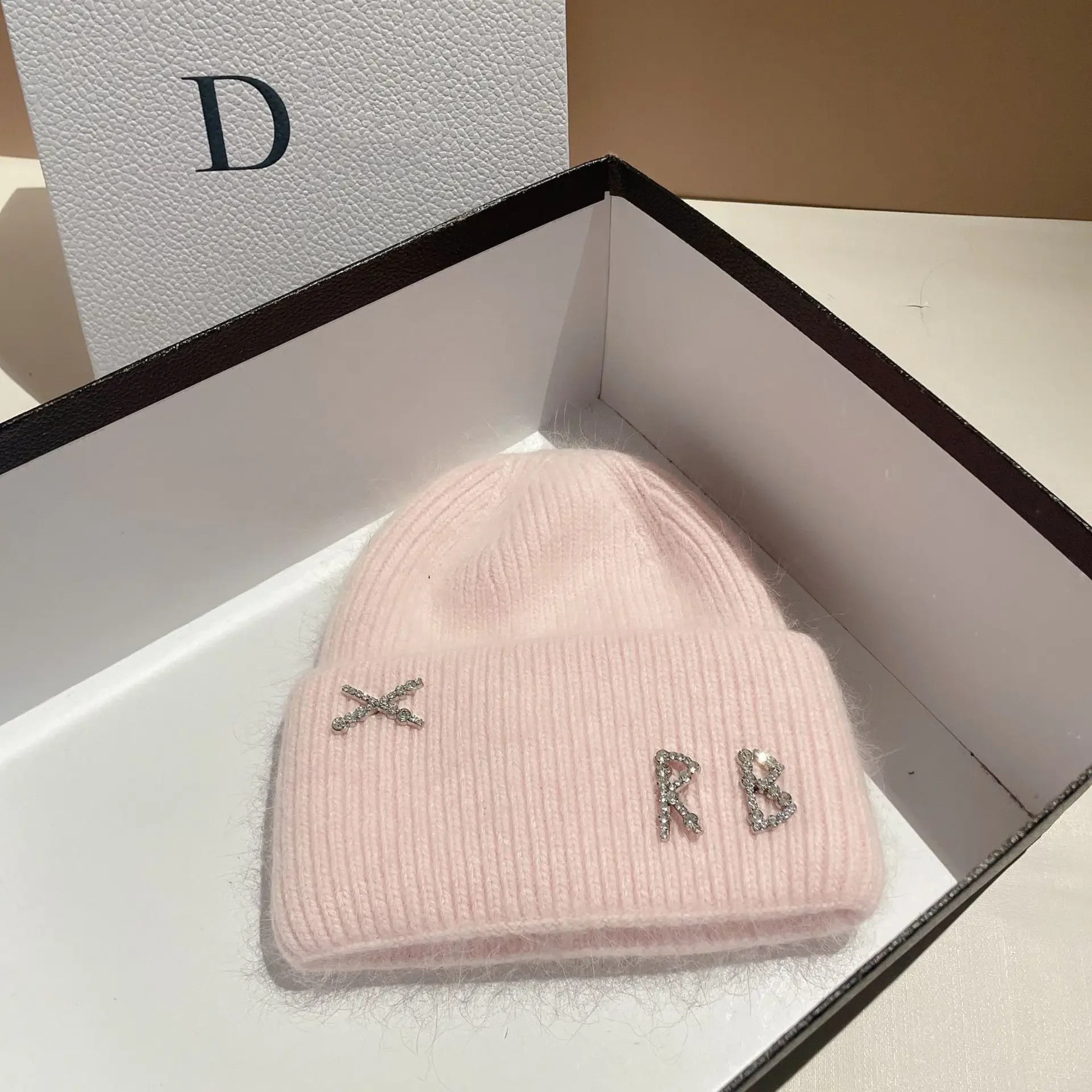 Winter Warm Real Rabbit Fur Beanies Hats with Diamond Letter for Women Skiing Cap Casual Bonnet – view 10