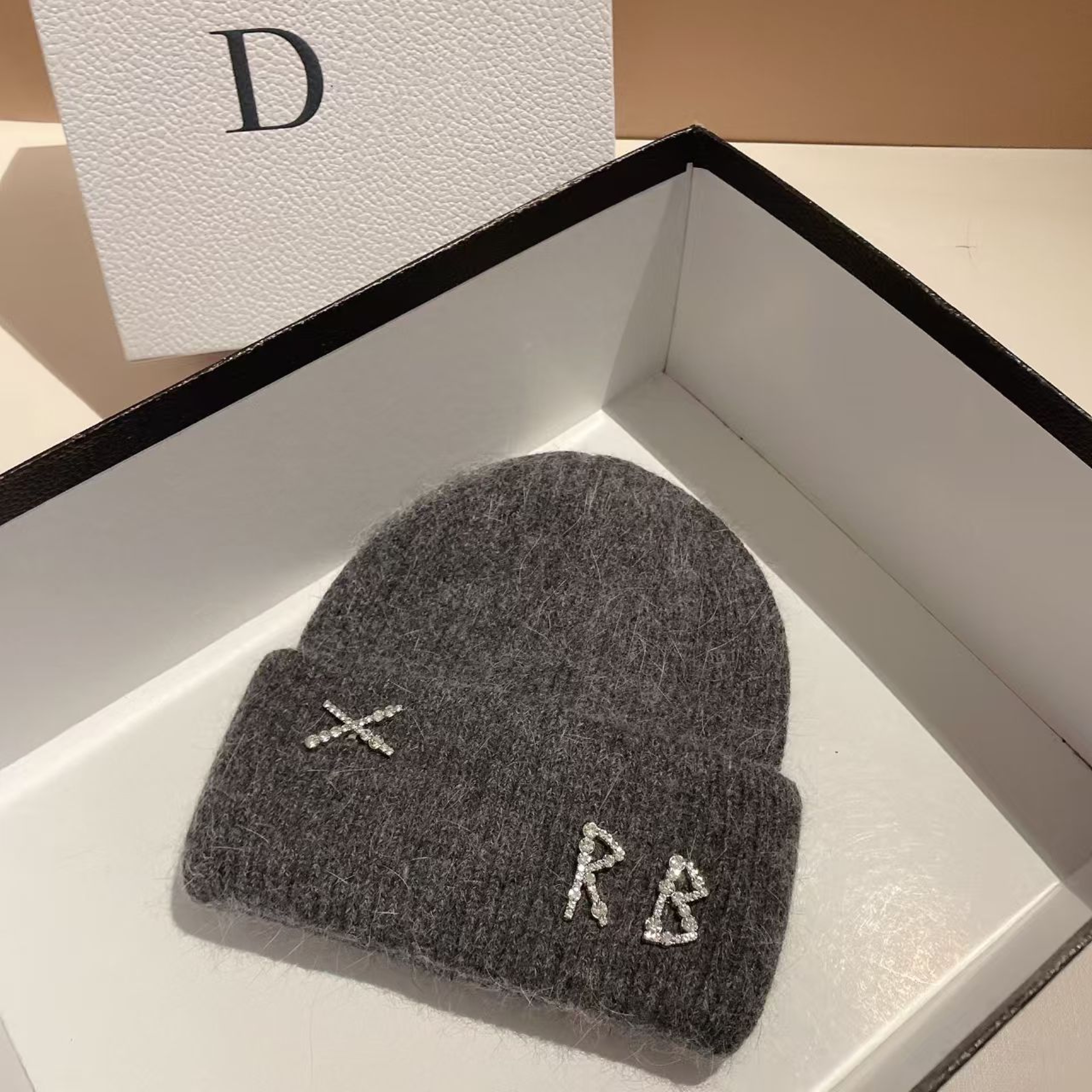 Winter Warm Real Rabbit Fur Beanies Hats with Diamond Letter for Women Skiing Cap Casual Bonnet – view 12