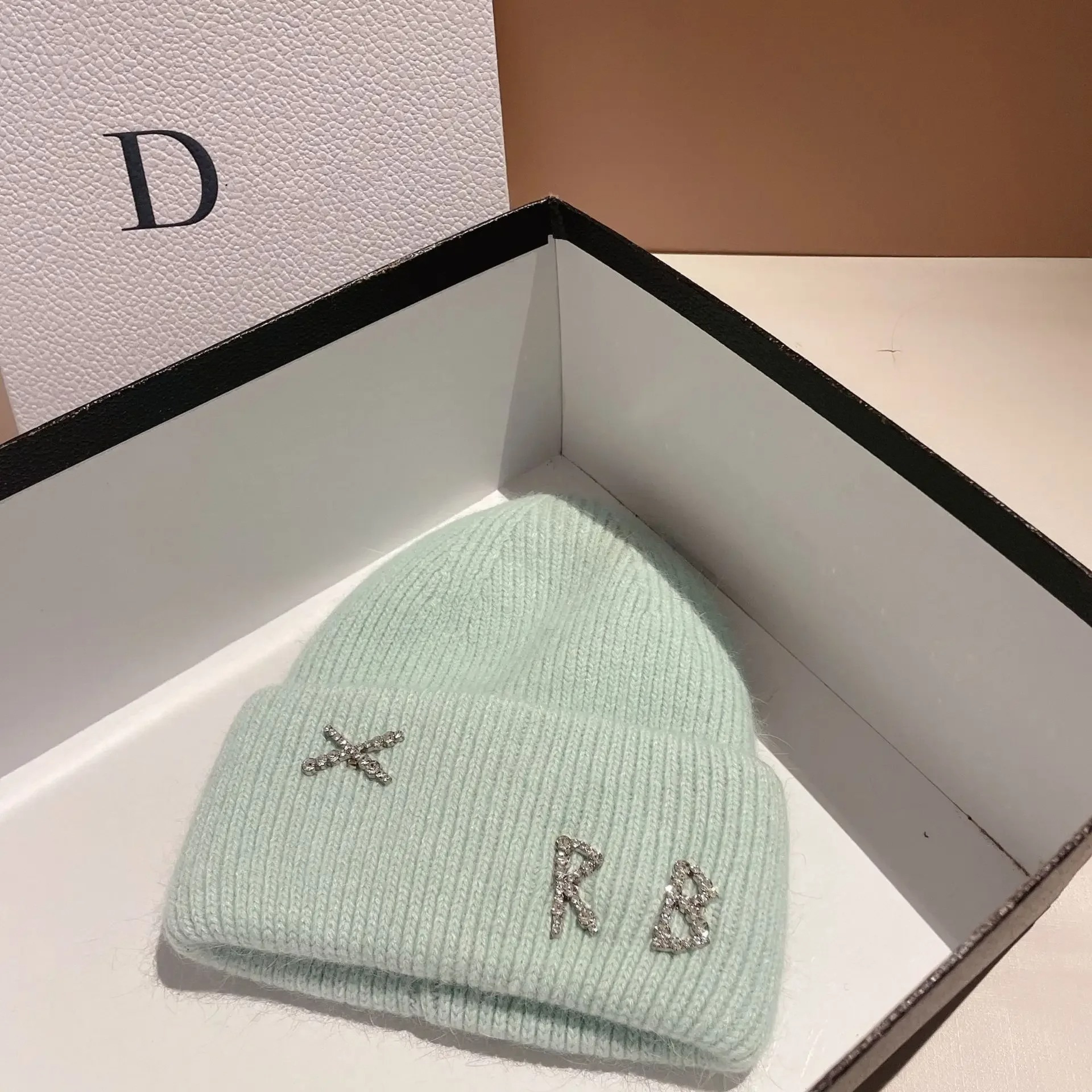 Winter Warm Real Rabbit Fur Beanies Hats with Diamond Letter for Women Skiing Cap Casual Bonnet – view 13