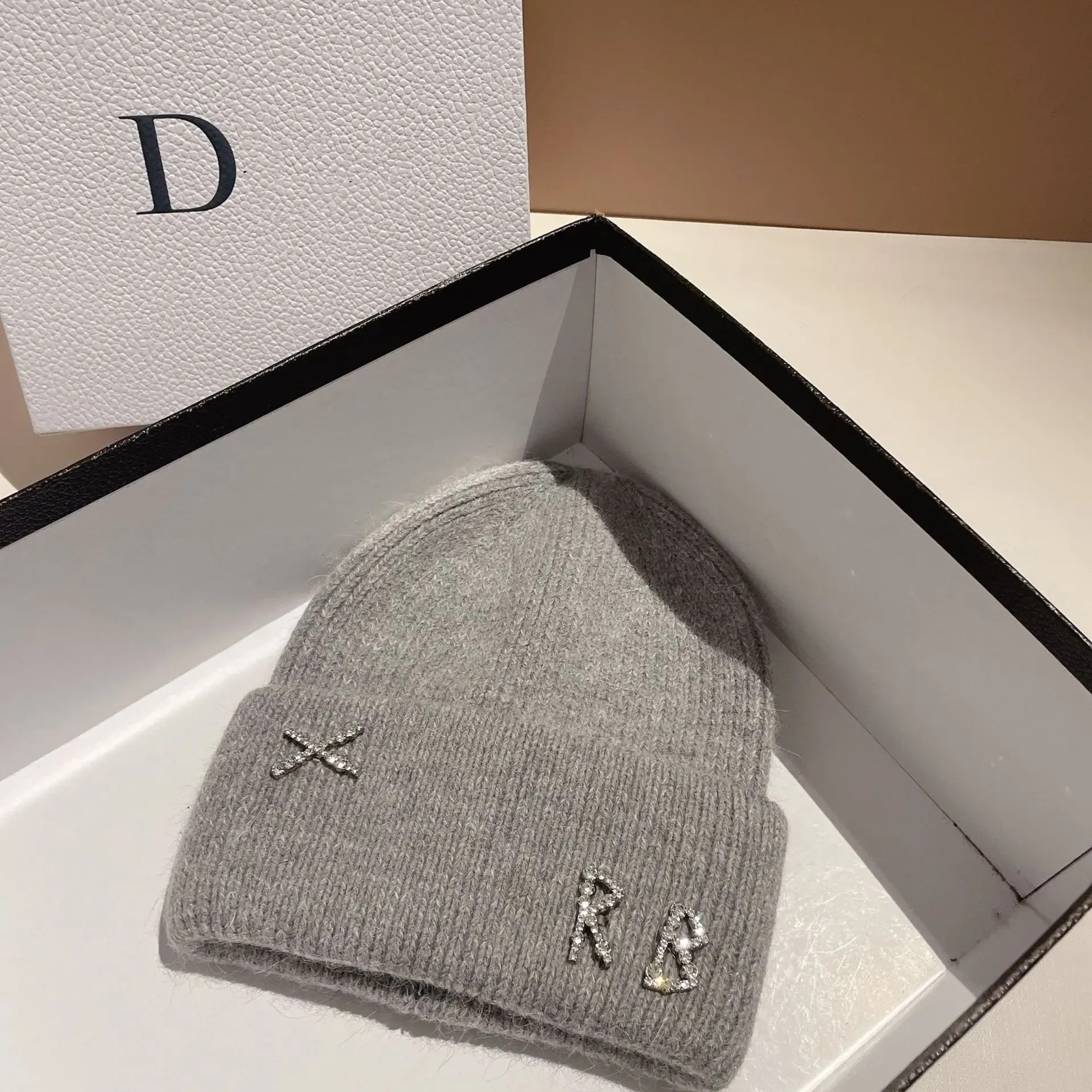 Winter Warm Real Rabbit Fur Beanies Hats with Diamond Letter for Women Skiing Cap Casual Bonnet – view 16