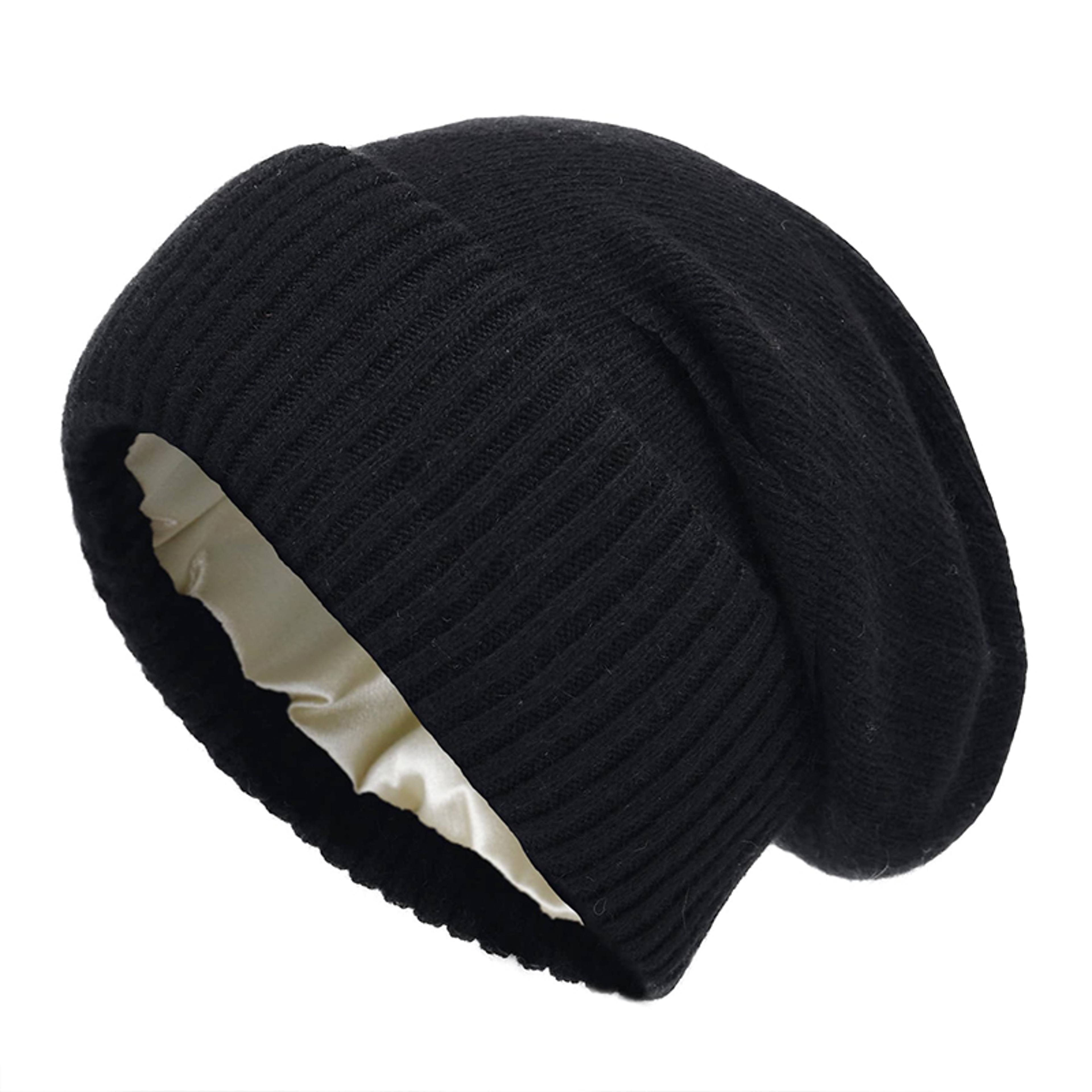 Womens Pure Wool Winter Hat Satin Lined Knitted Beanies Soft Warm Ski Cap Elastic Slouchy Sleep Cov 11