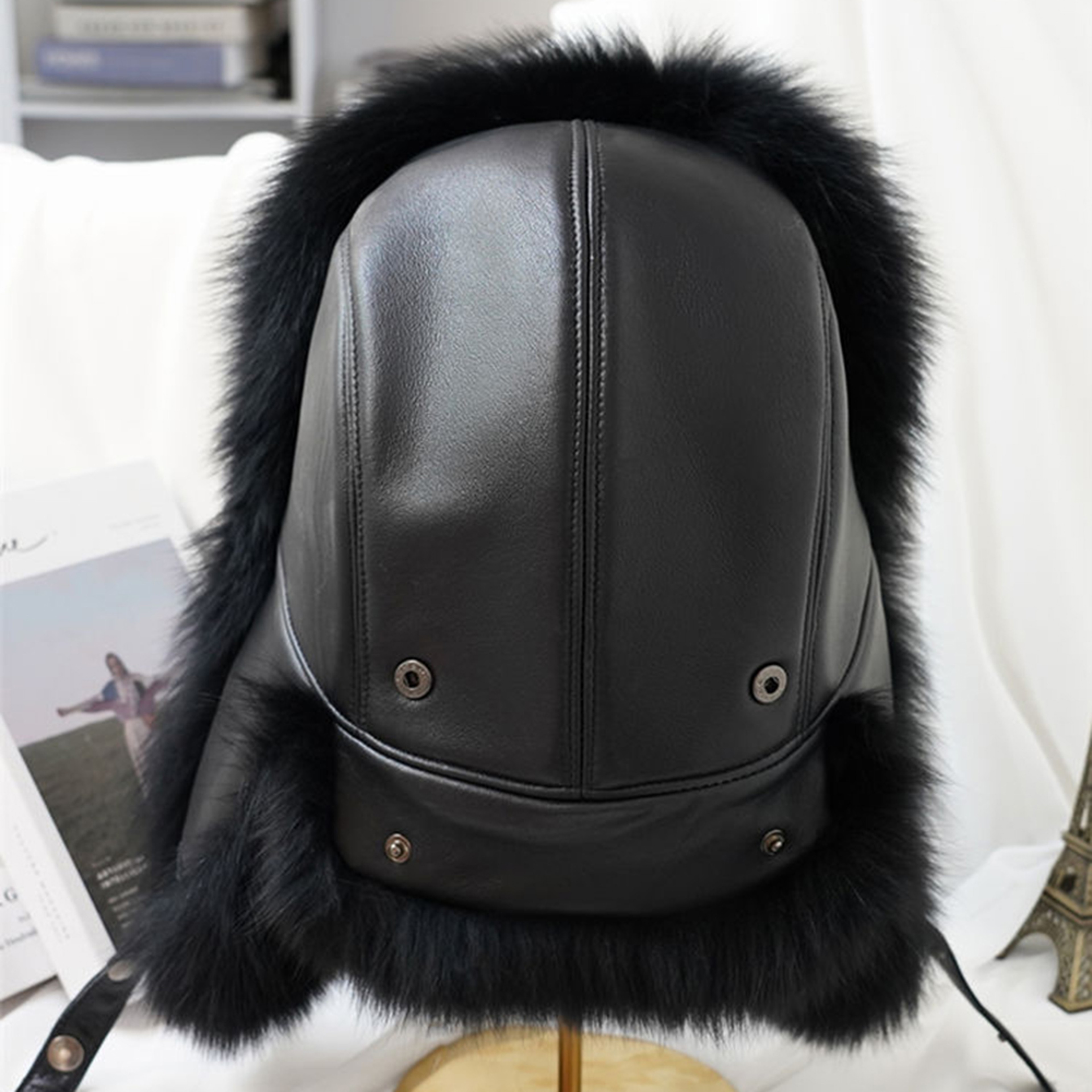 Mens Real Silver Fox Fur Bomber Hat Raccoon Fur Cap Russian Trapper Ski Hats Leather Winter Hat For