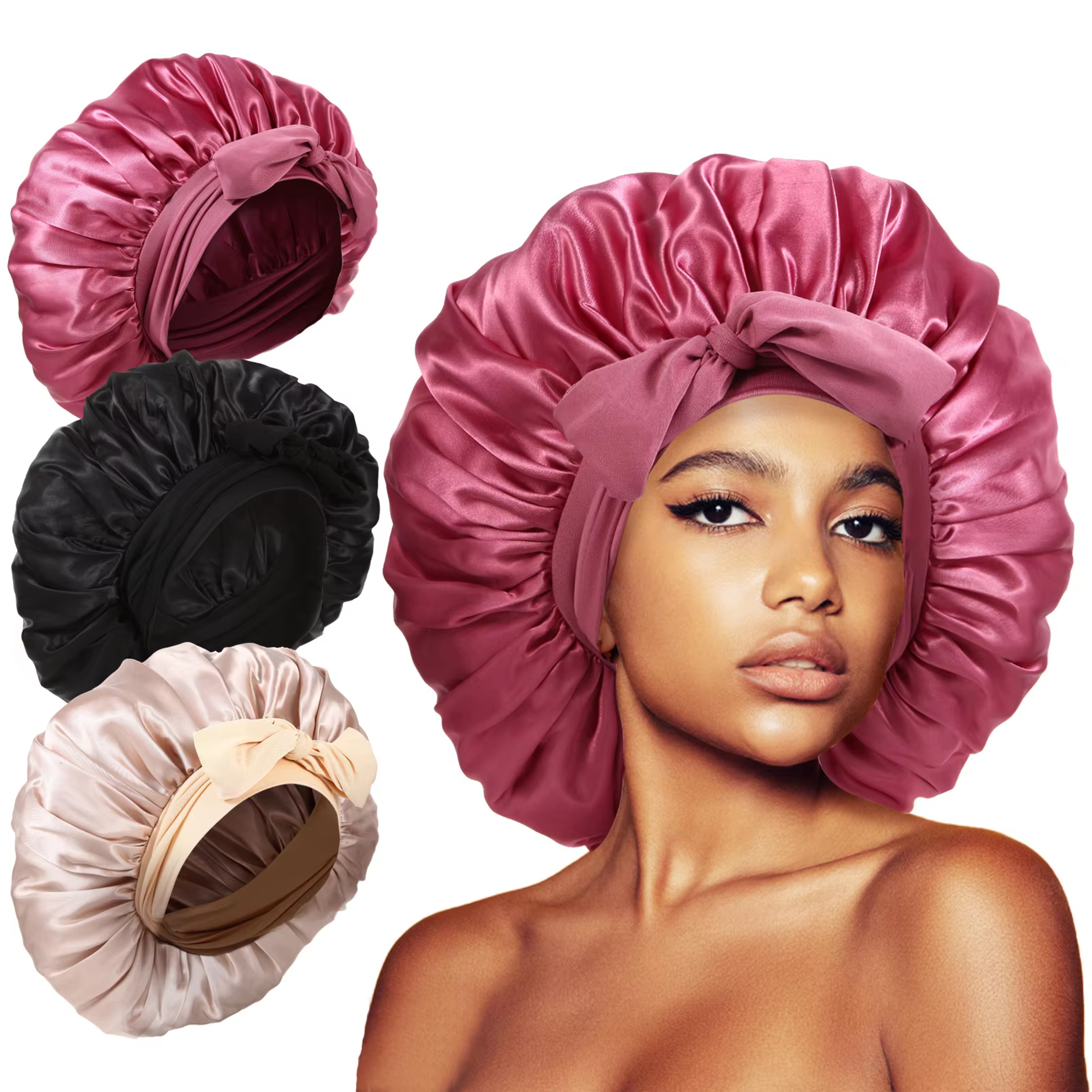 Large Satin Bonnet For Sleeping With Adjustable Tie Band 0
