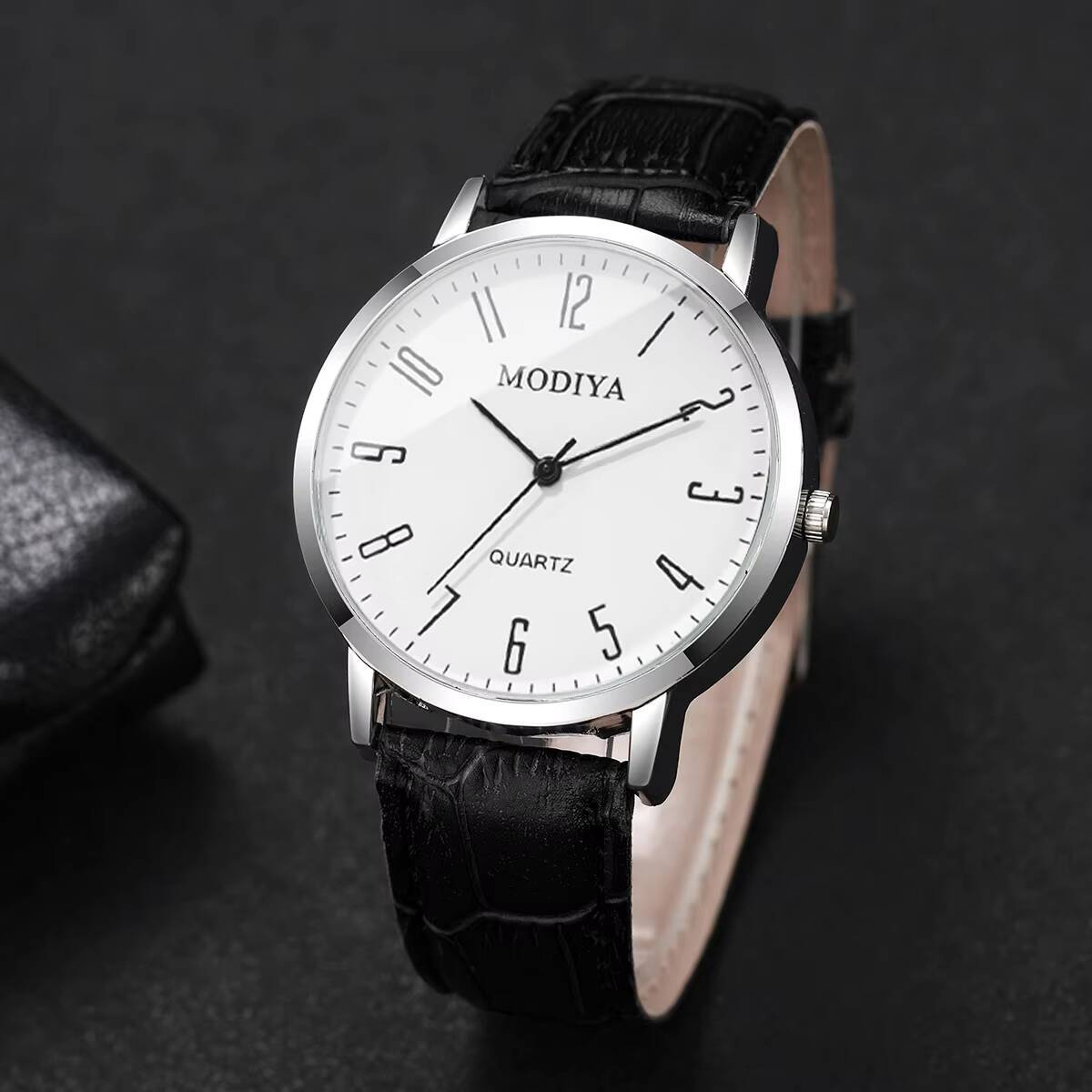 Mens Arabic Dial Watch Set with Leather Strap – view 5