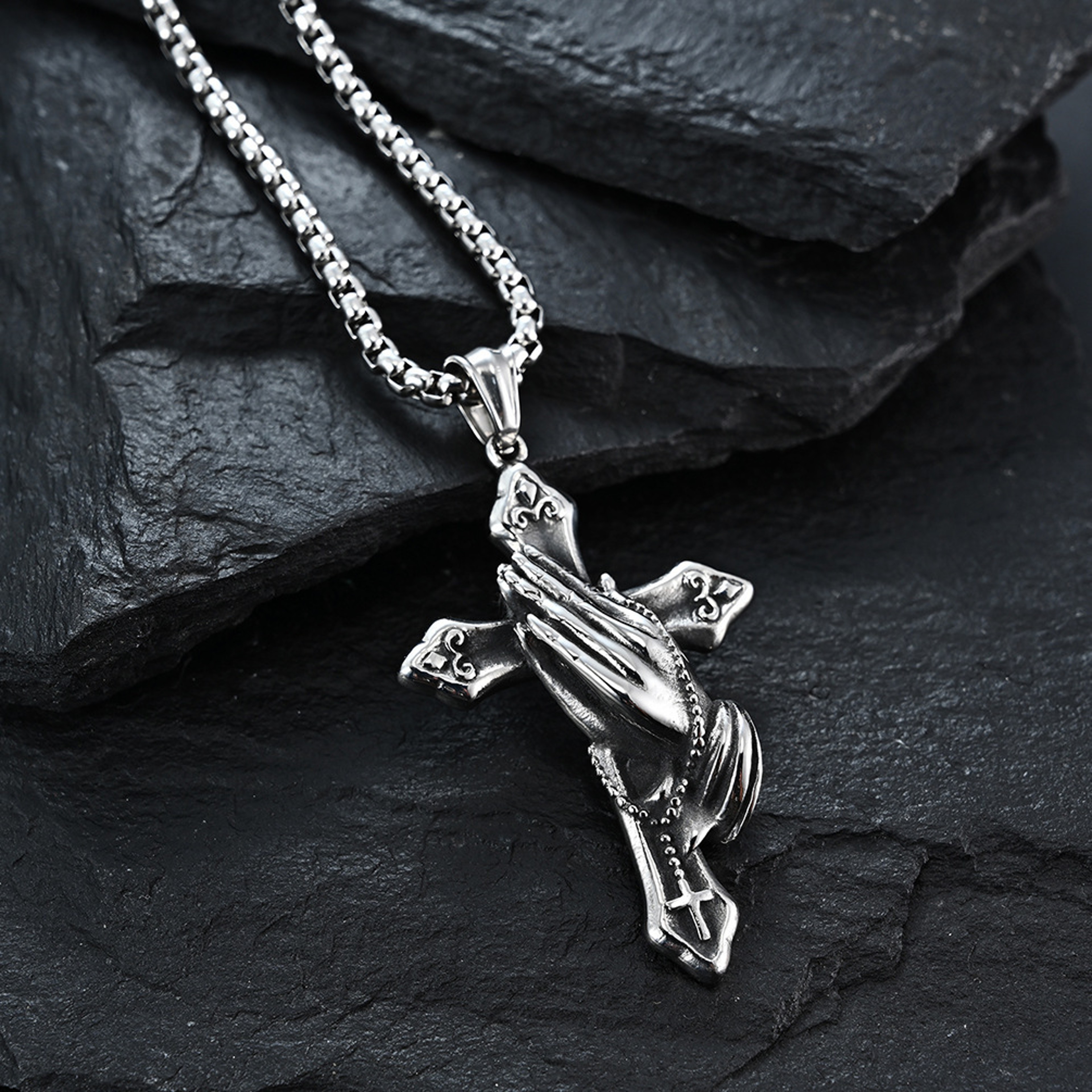 Mens Cross Necklace with Praying Hands Stainless Steel Faith Pendant – view 1