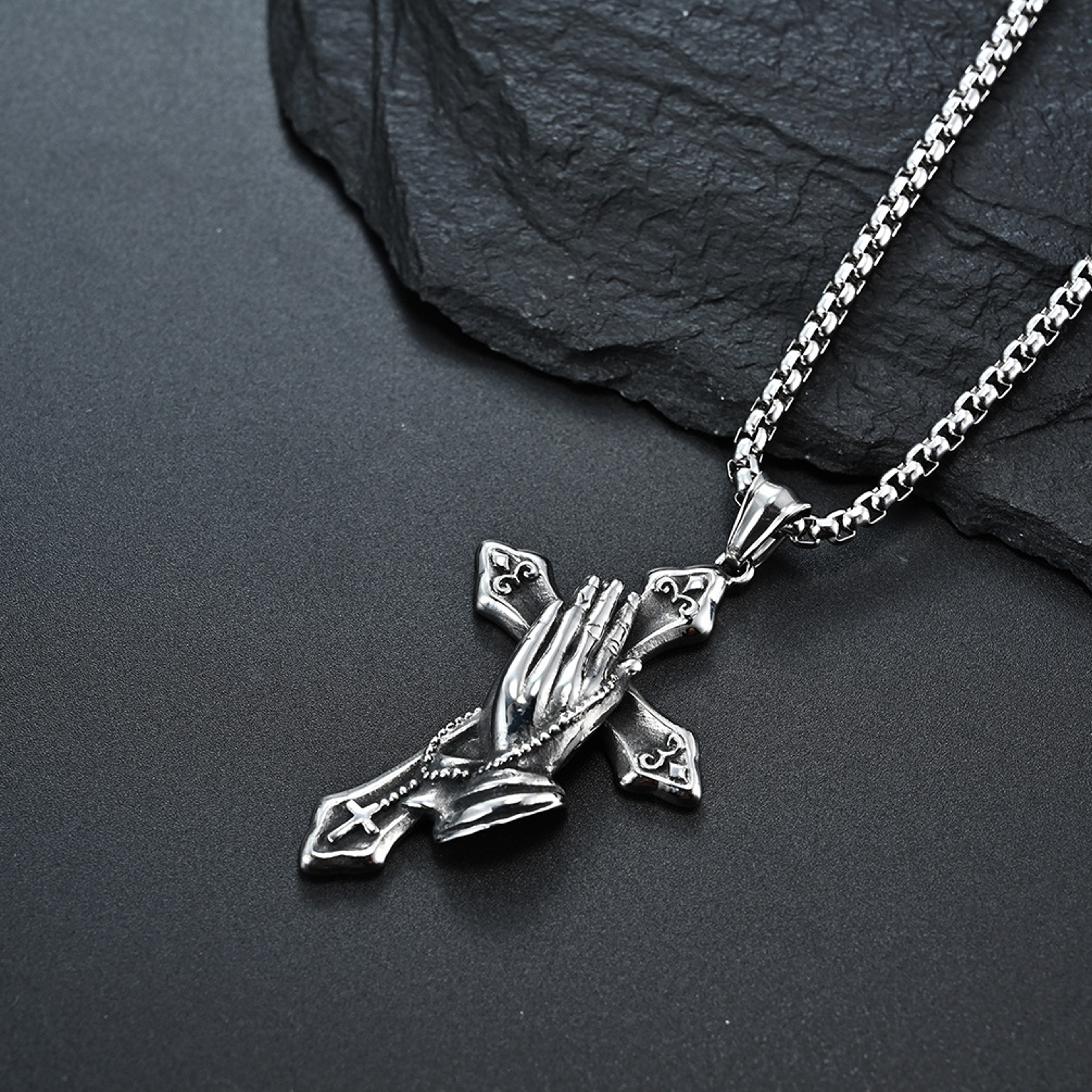 Mens Cross Necklace with Praying Hands Stainless Steel Faith Pendant – view 3