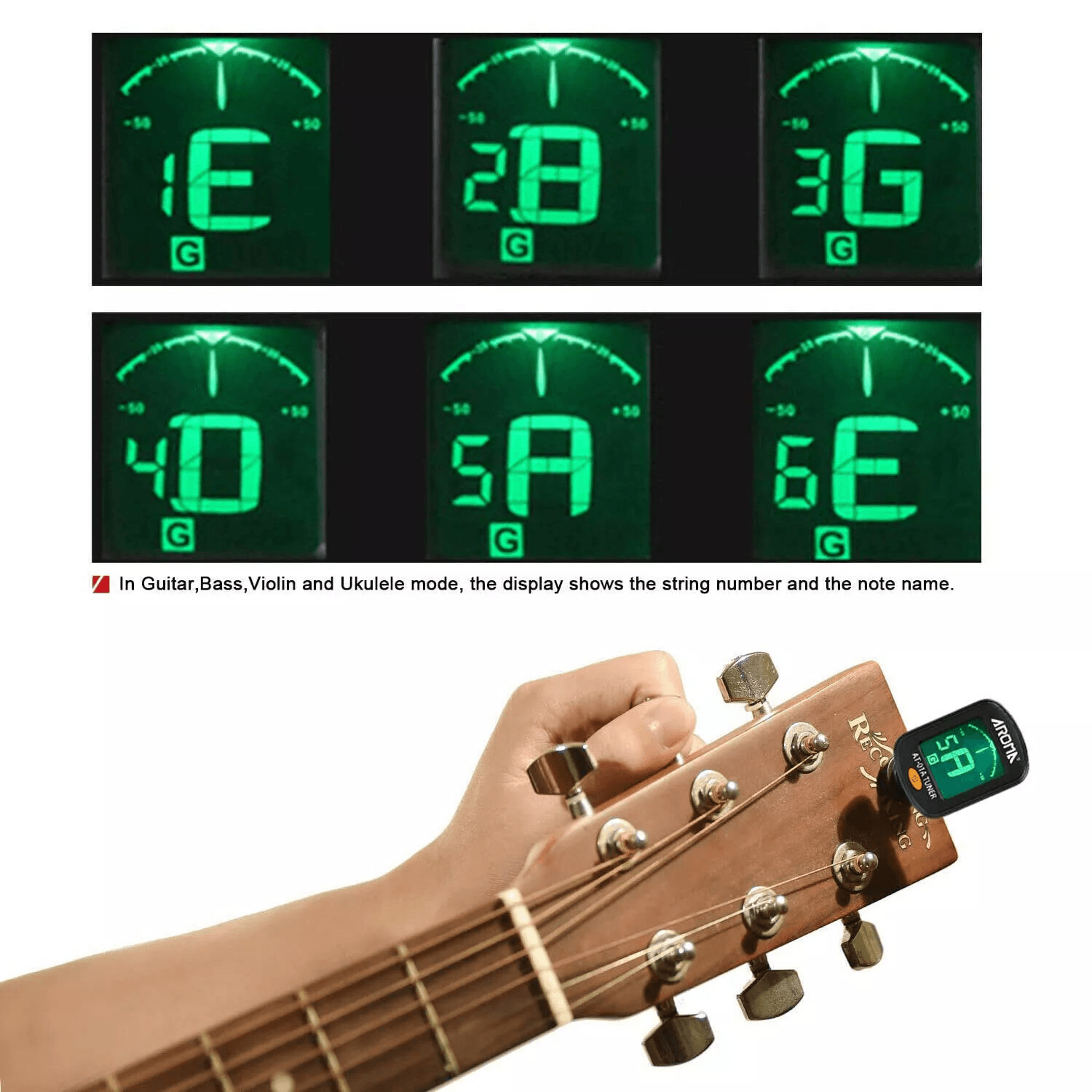 ClipOn LCD Digital Tuner For Guitar Bass Violin Ukulele AT01A Chromatic Vibration Tuner With Color  3