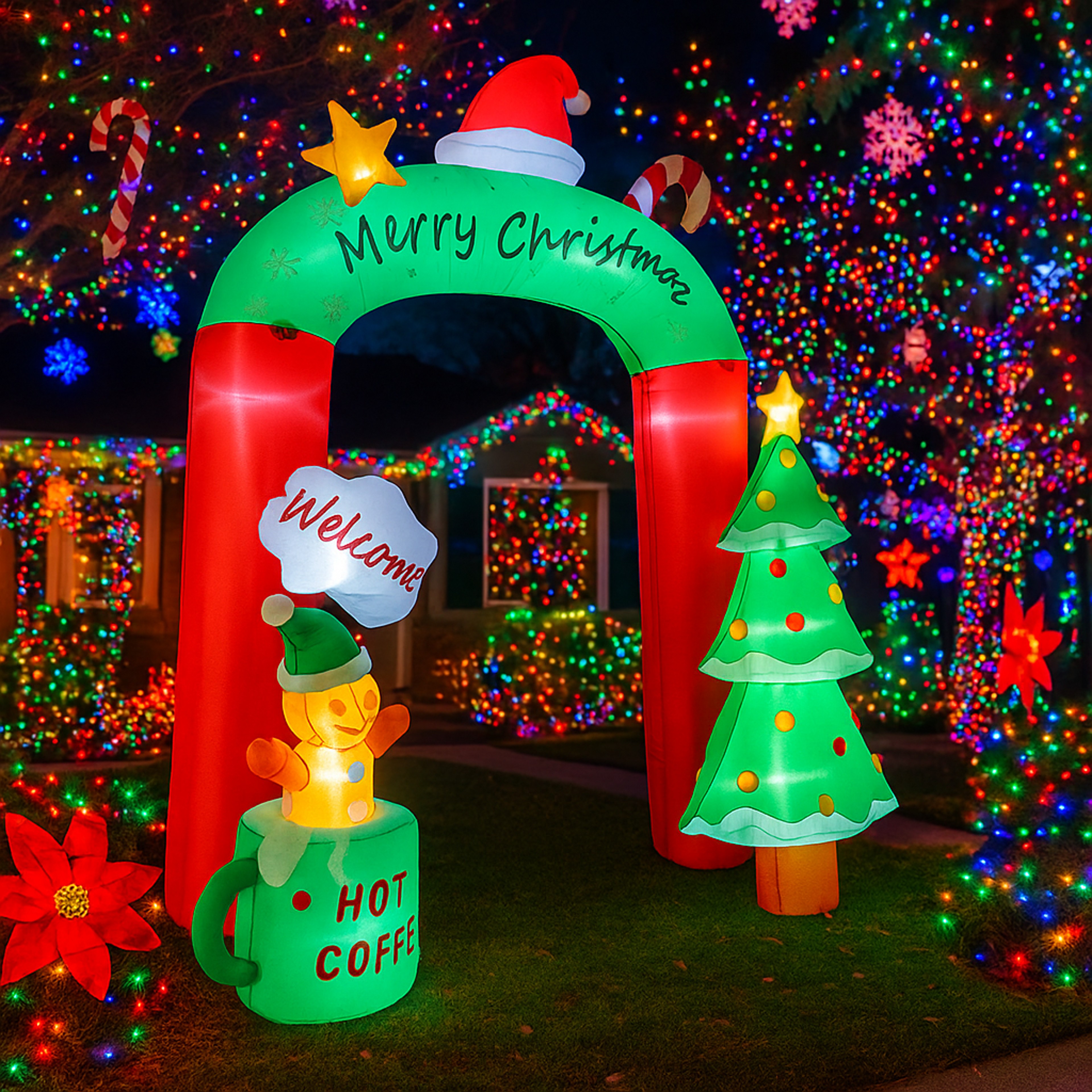 Christmas Inflatable Hot Coffee Mug Bear LED Archway Decoration Outdoor Yard Ornament Holiday Home  0