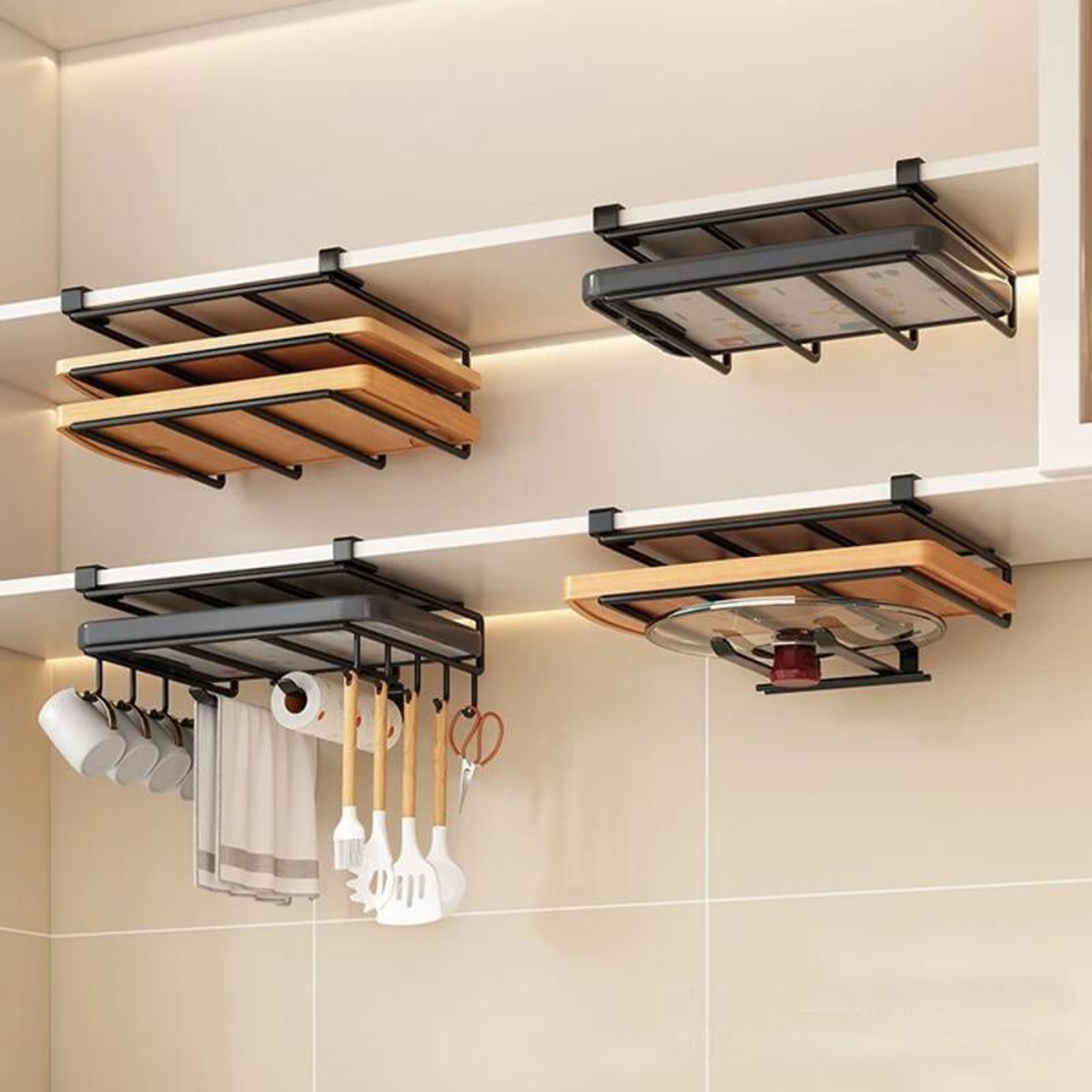 Under Cabinet Kitchen Organizer Rack With Paper Towel Holder And Hooks 0