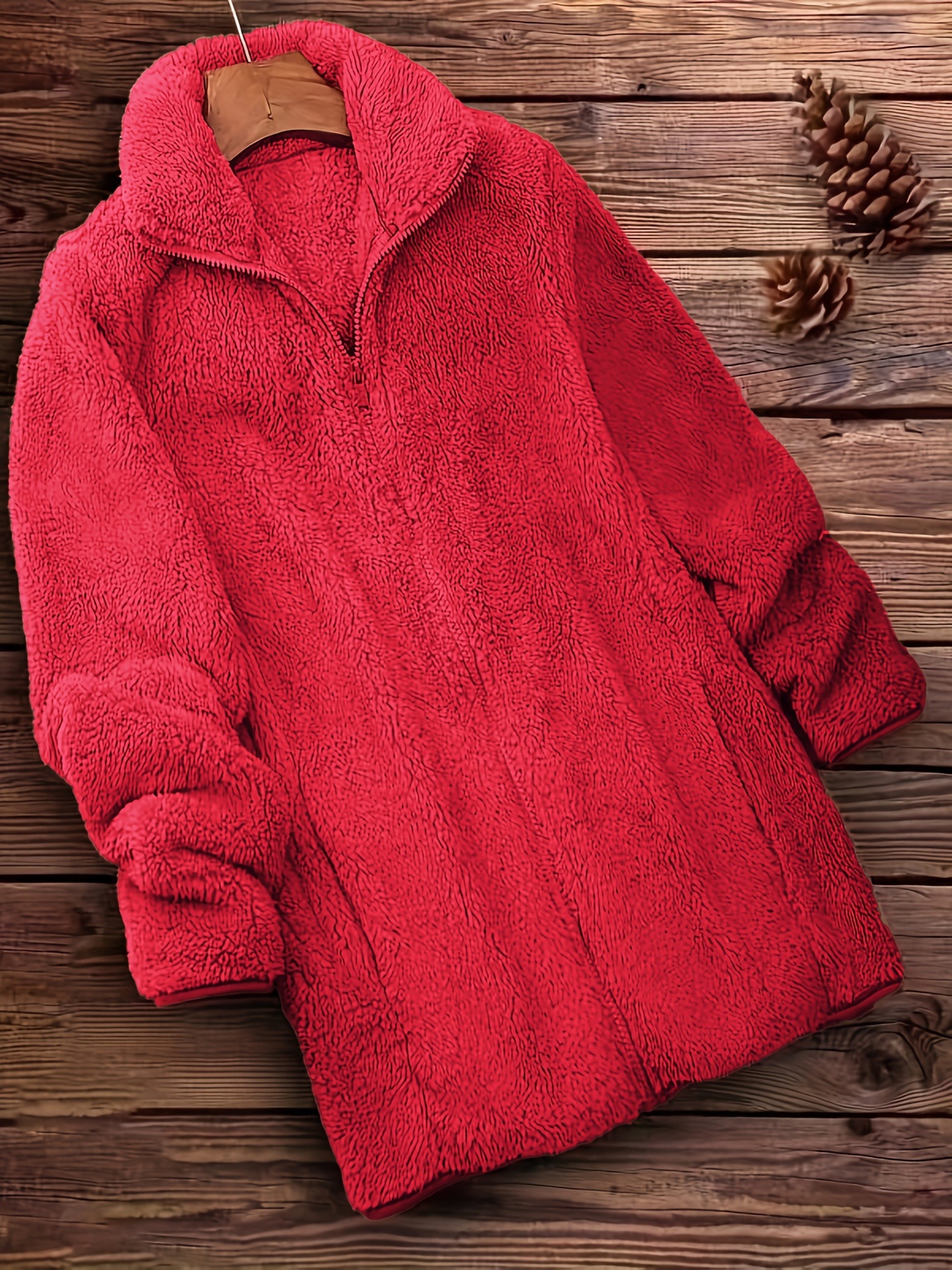 Zip Up Solid Teddy Coat - Casual Long Sleeve Winter Outerwear - Women's Clothing – view 3