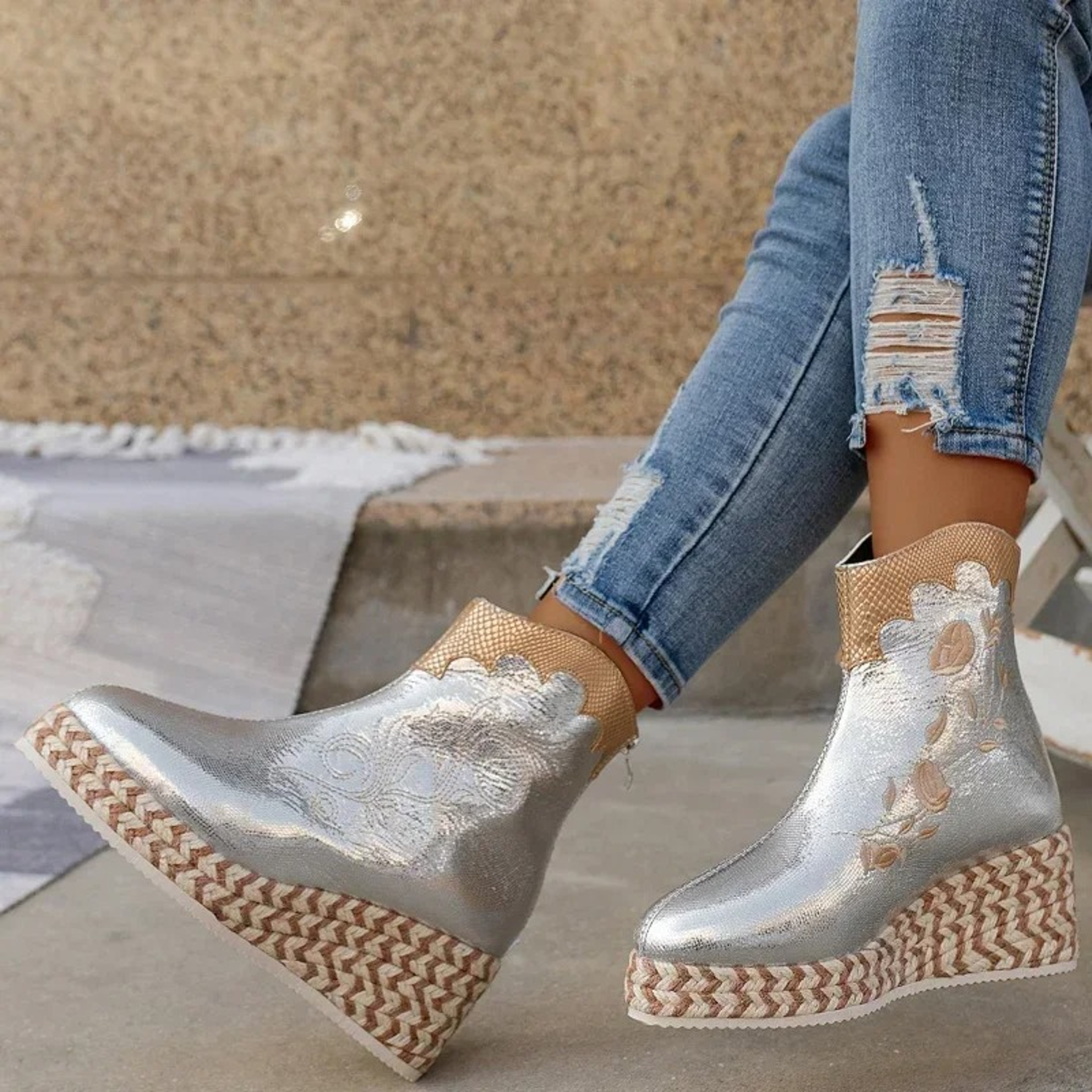 Women Fashion Leather boots - Ladies Round Toe Autumn Winter Warm Shoes Vintage - Diamond Chelsea Wedges Ankle Boots – view 4