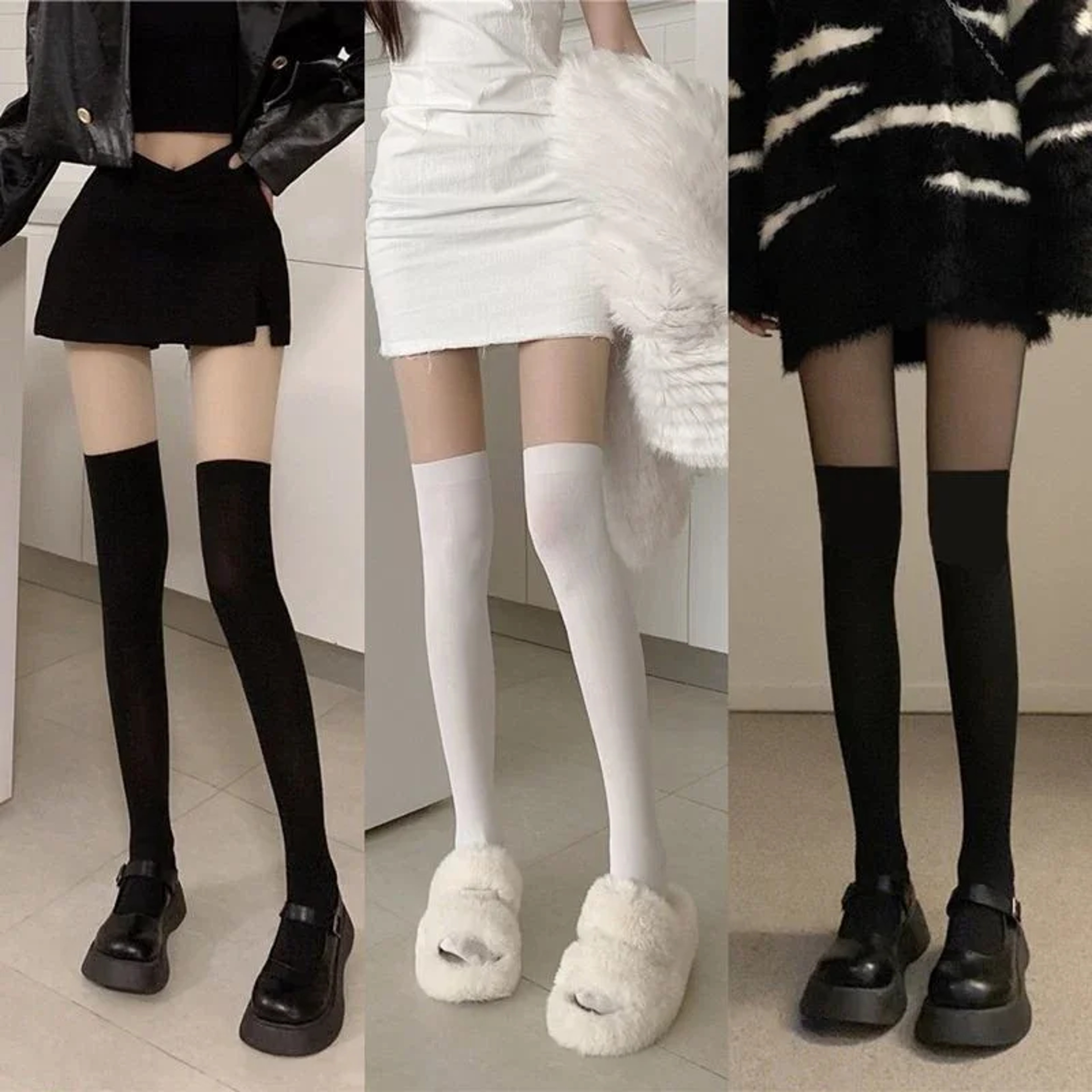 Sheer to Opaque Thigh High Illusion Stockings, Women's Fake Over the Knee Tights, JK Style Contrast Color Pantyhose – view 1