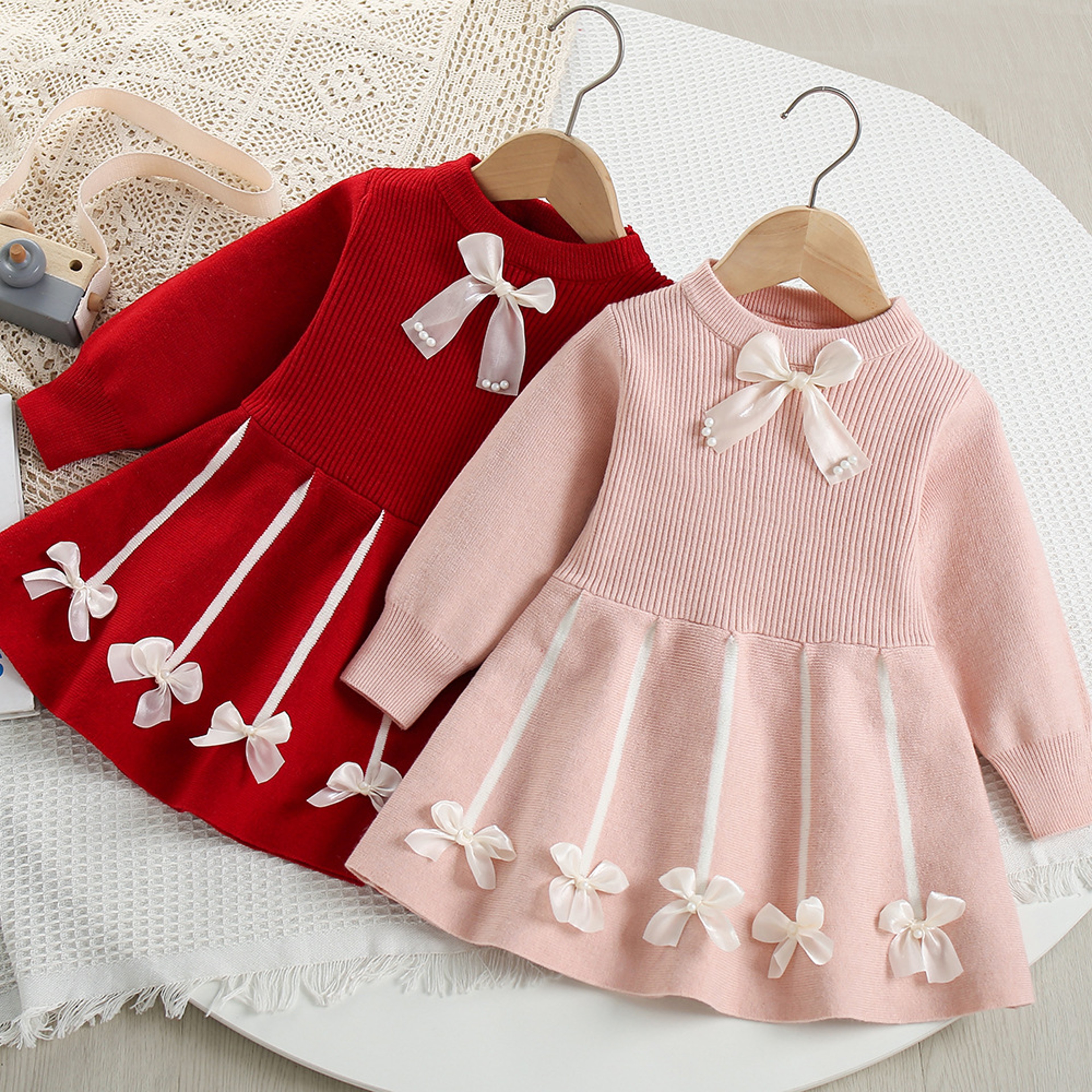 Autumn Kids Girls Princess Dress with 3D Bear Bow, Korea Style Red Spliced Sweater Dress for Toddlers – view 3