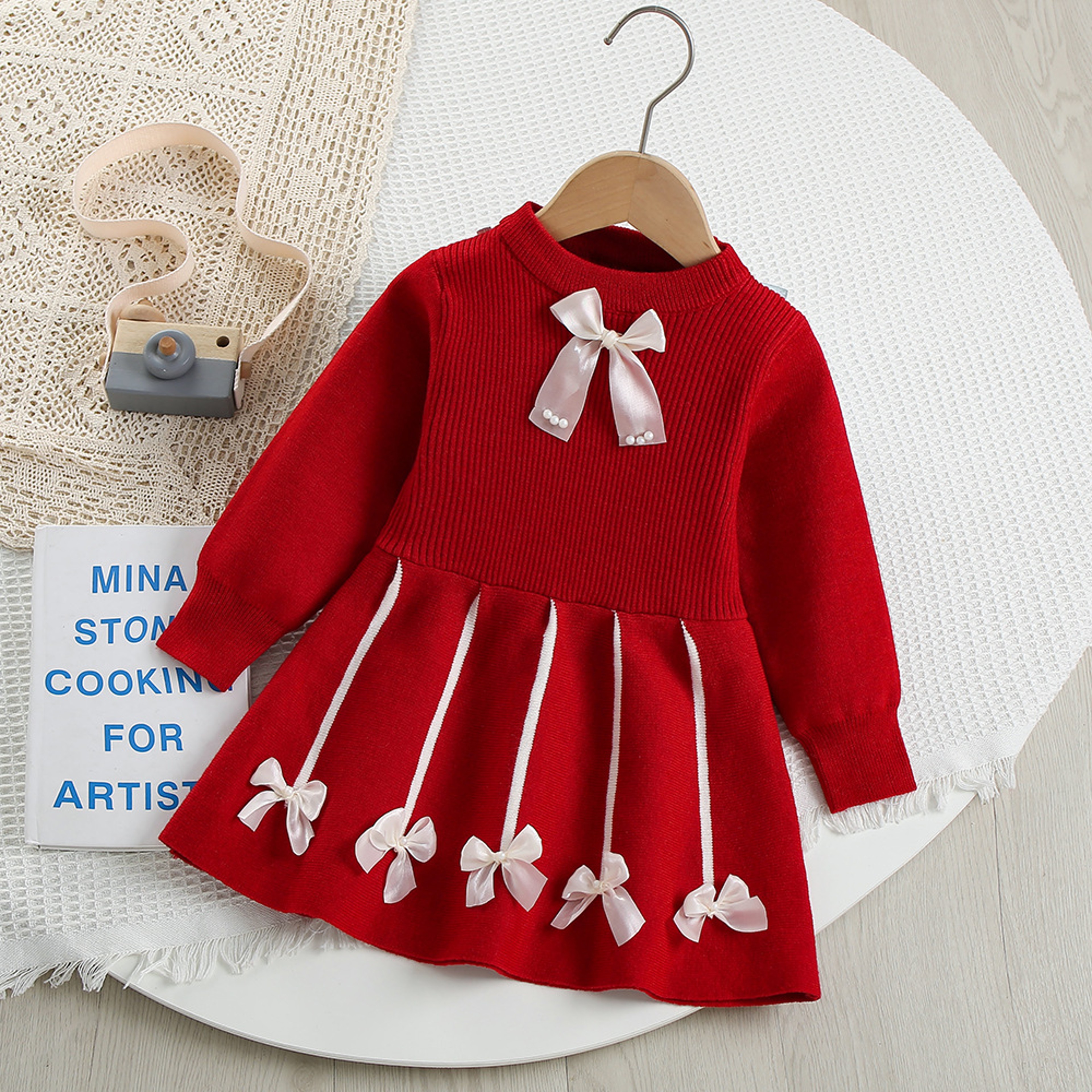 Autumn Kids Girls Princess Dress with 3D Bear Bow, Korea Style Red Spliced Sweater Dress for Toddlers – view 7