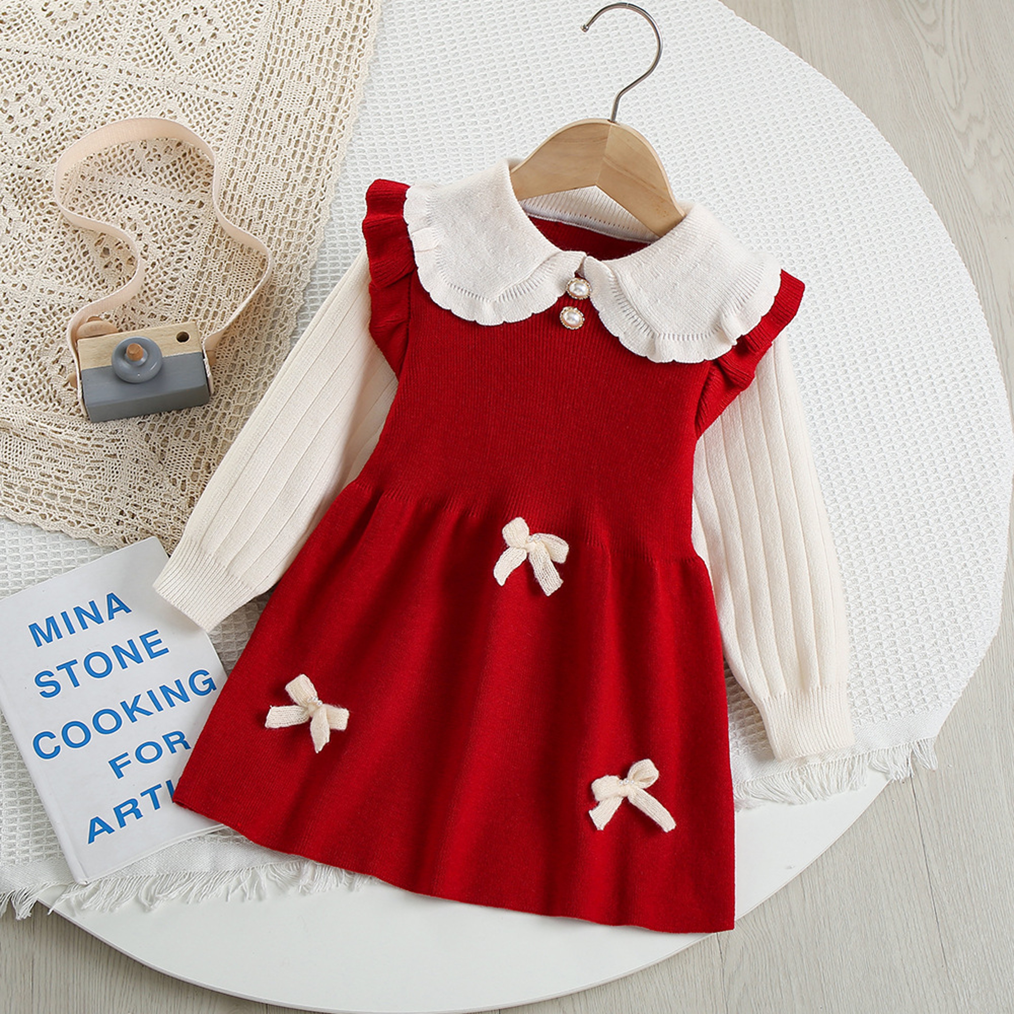 Autumn Kids Girls Princess Dress with 3D Bear Bow, Korea Style Red Spliced Sweater Dress for Toddlers – view 9