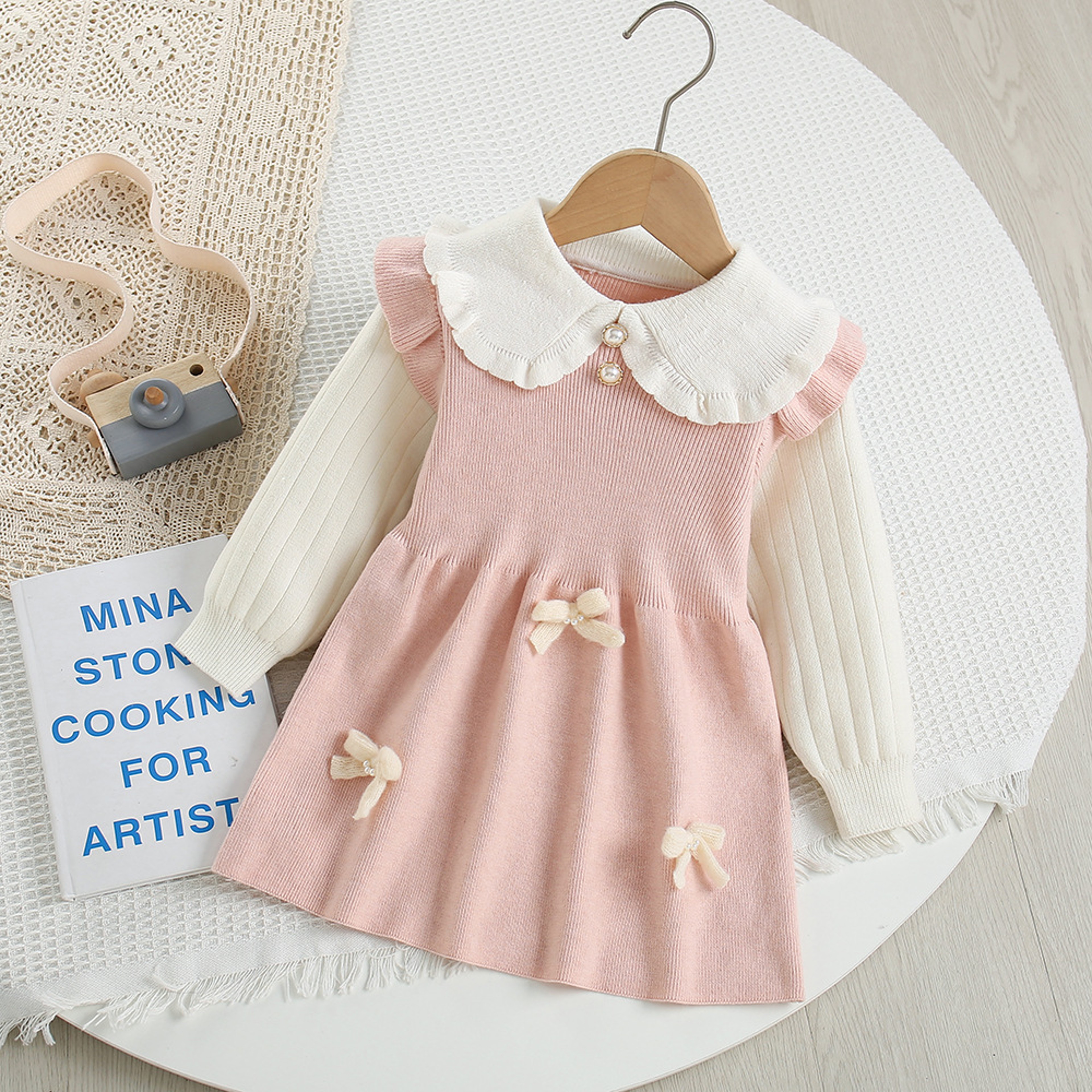 Autumn Kids Girls Princess Dress with 3D Bear Bow, Korea Style Red Spliced Sweater Dress for Toddlers – view 10