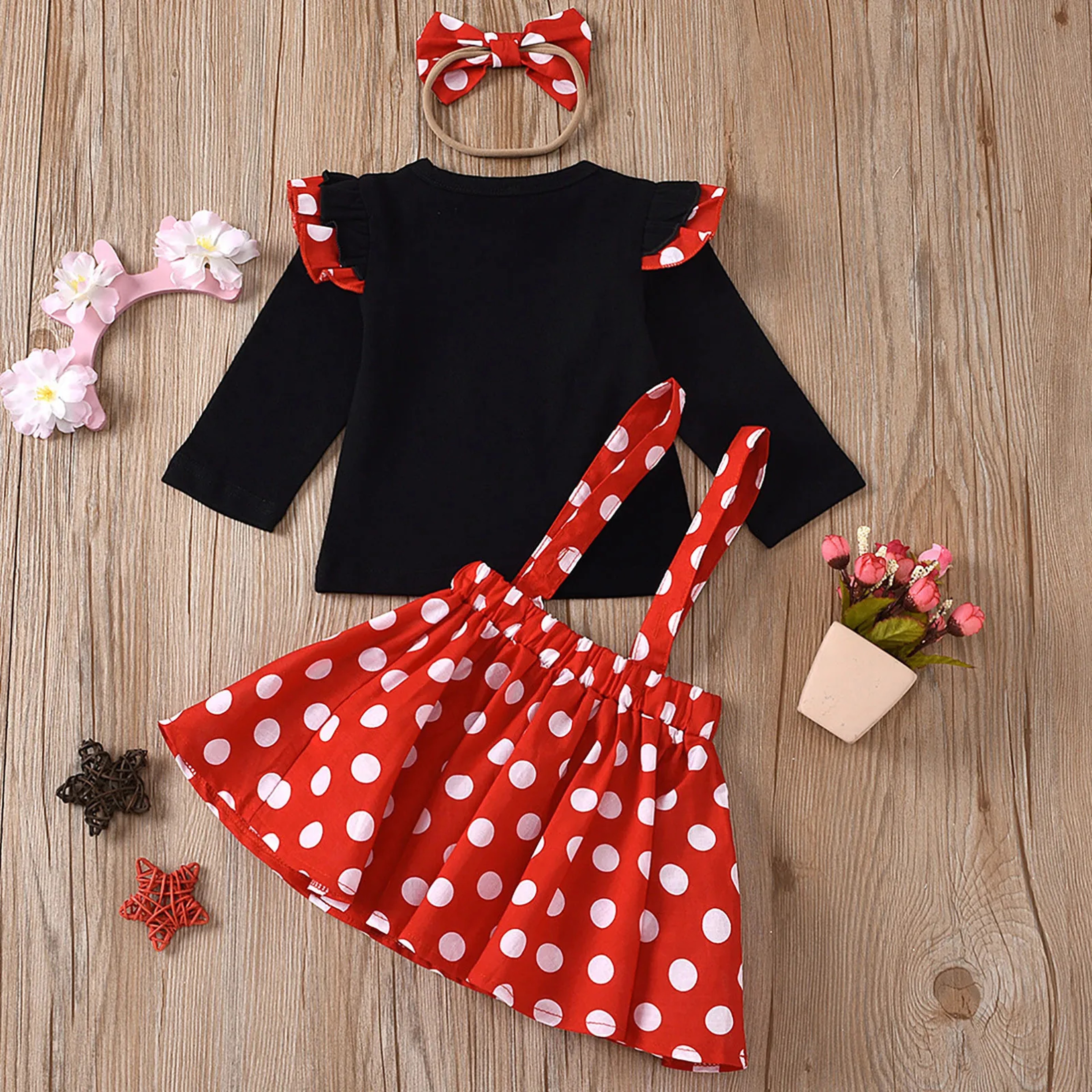 Minnie Mouse Dress Outfit for Girls 1-5 Years, Summer Baby Clothing Set with Dots Top, Skirt Headband – view 2