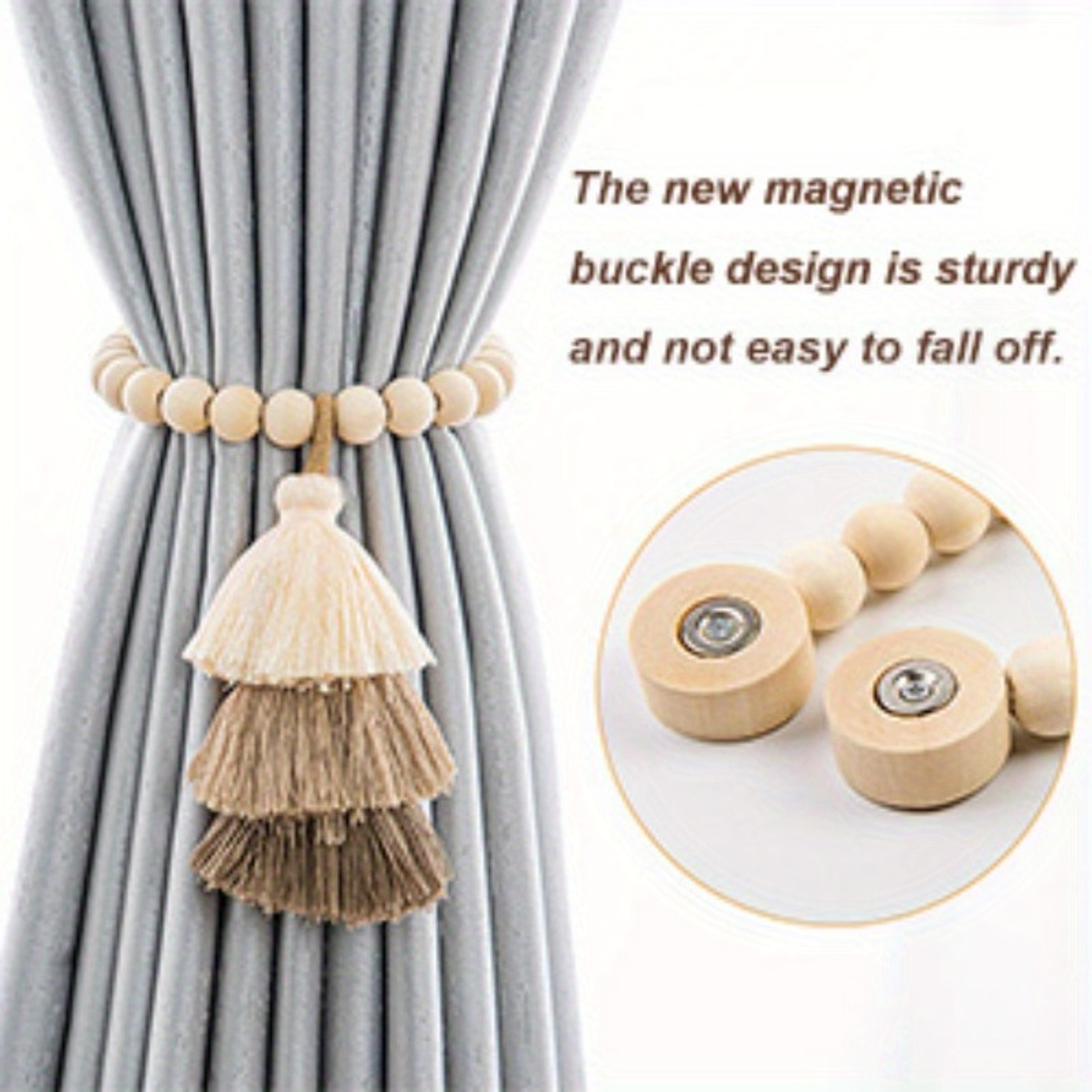 2pcs Bohemian Farmhouse Curtain Ties, Handmade Wooden Bead Curtain Holdbacks for Bedroom, Living Room & Home Decor – view 4