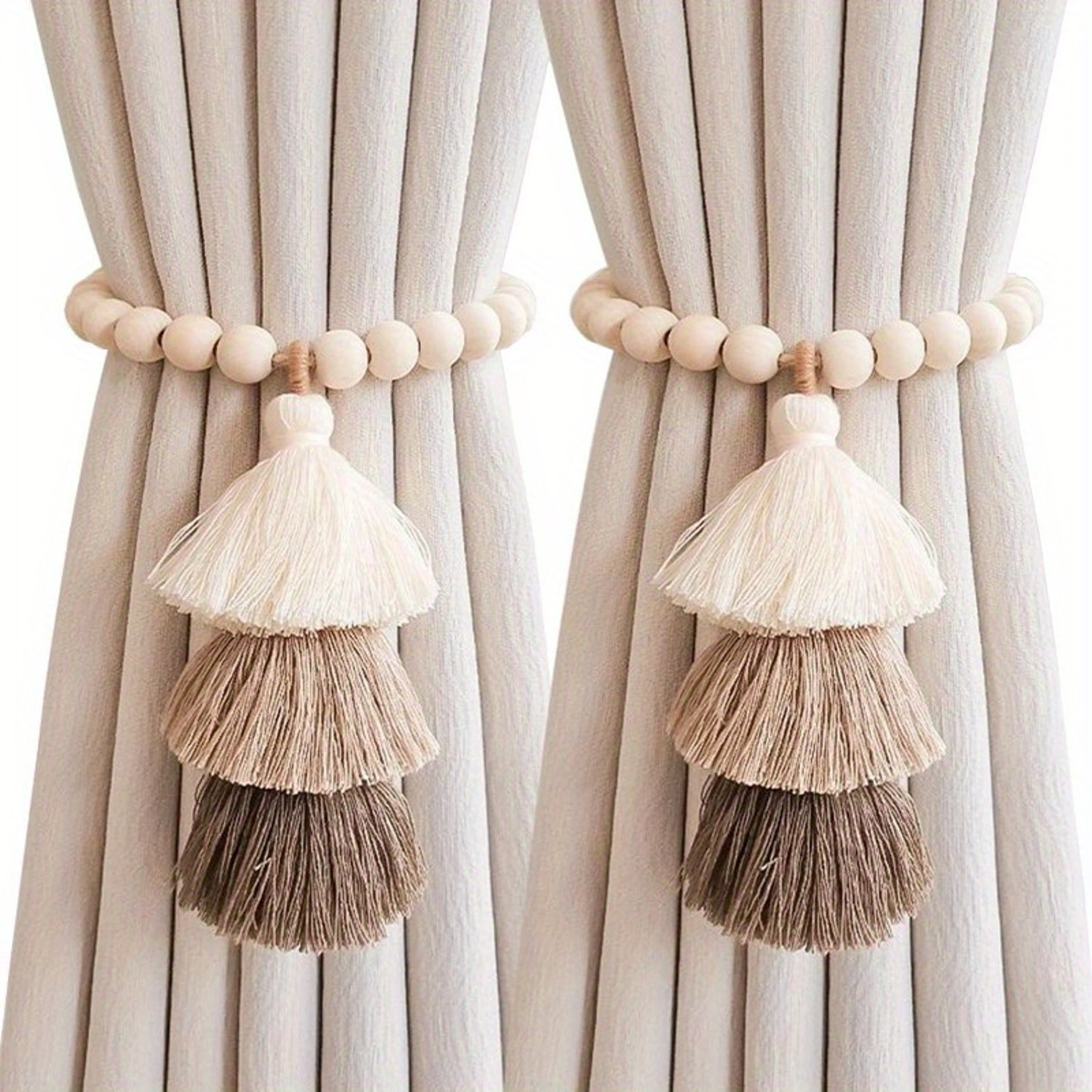 2pcs Bohemian Farmhouse Curtain Ties, Handmade Wooden Bead Curtain Holdbacks for Bedroom, Living Room & Home Decor – view 7