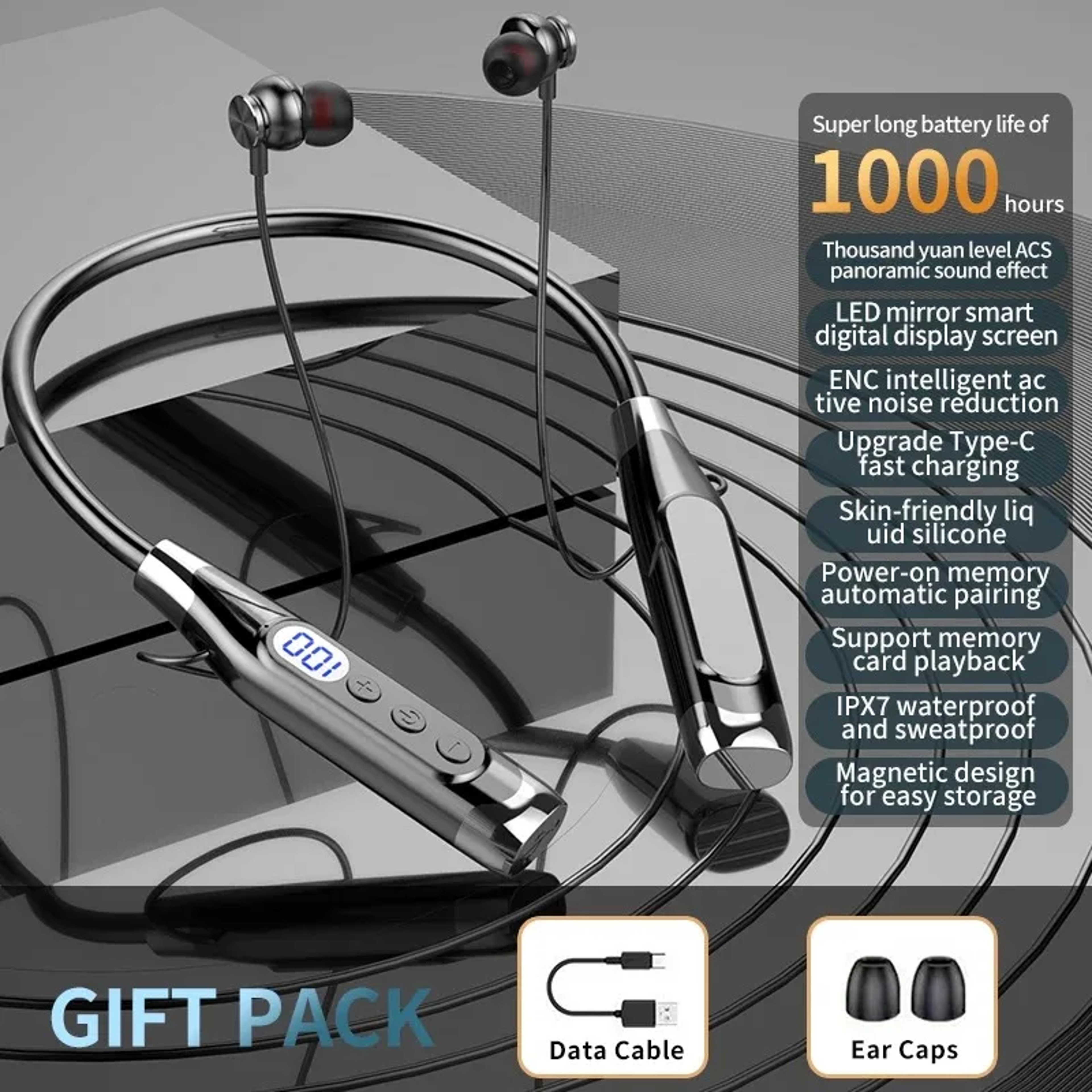 Wireless Bluetooth Neckband Earphones Long Battery Headphones With TF Card Support 5