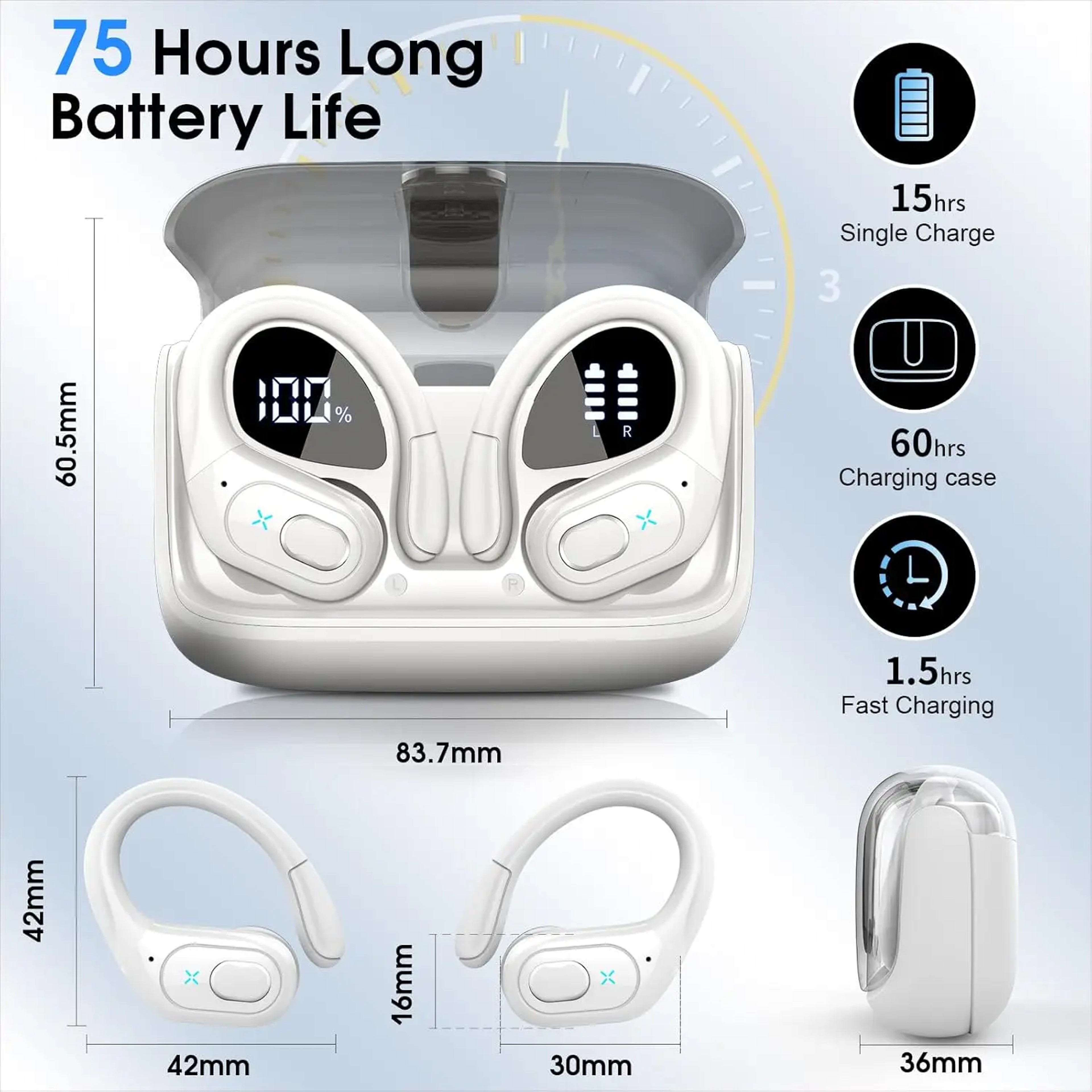 Bluetooth Wireless Sports Earbuds with Ear Hooks and Mic for Gym Workouts – view 2