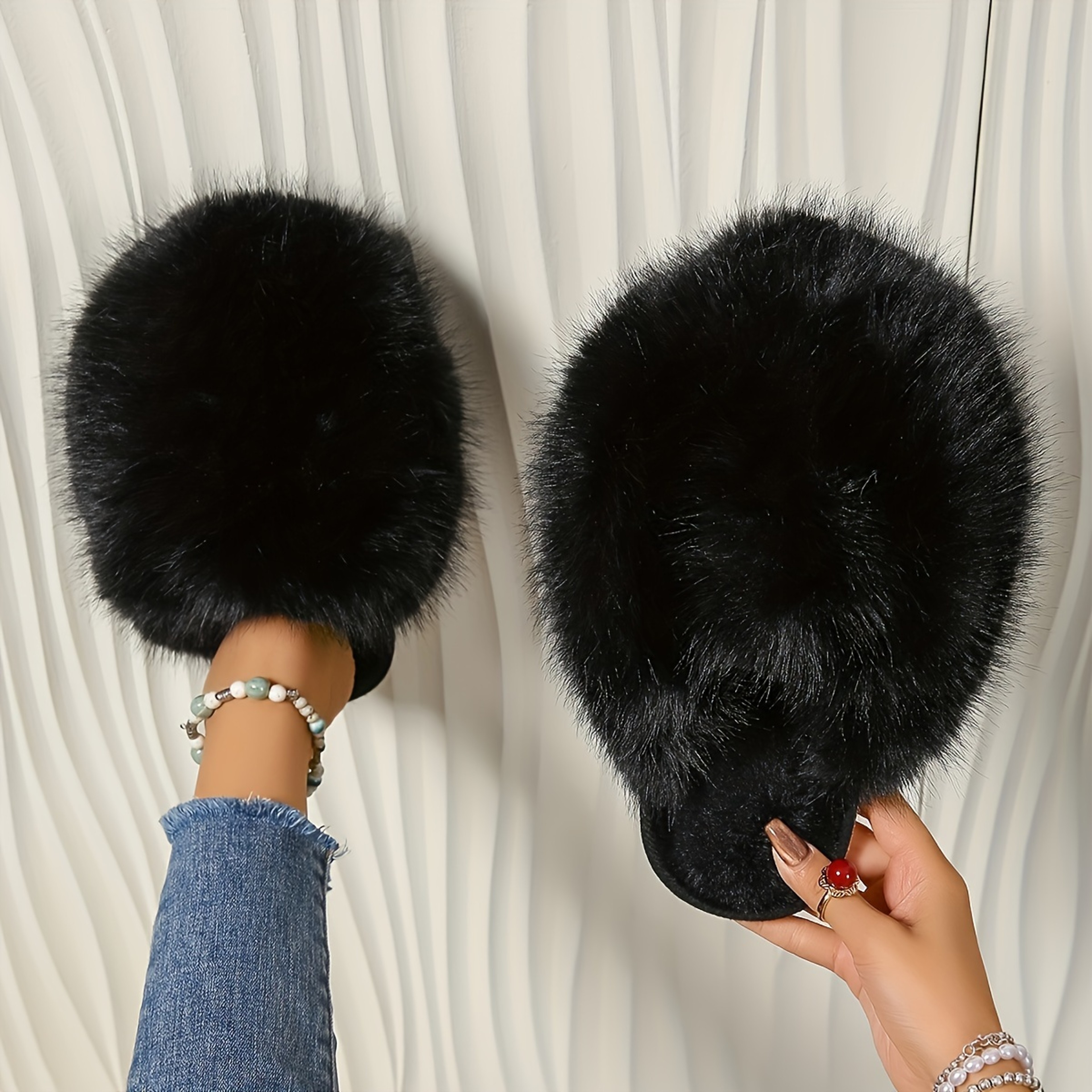 Korean Style Faux Fur Slippers For Women Pure Color Warm House Shoes Indoor Outdoor Flat Non Slip C 2