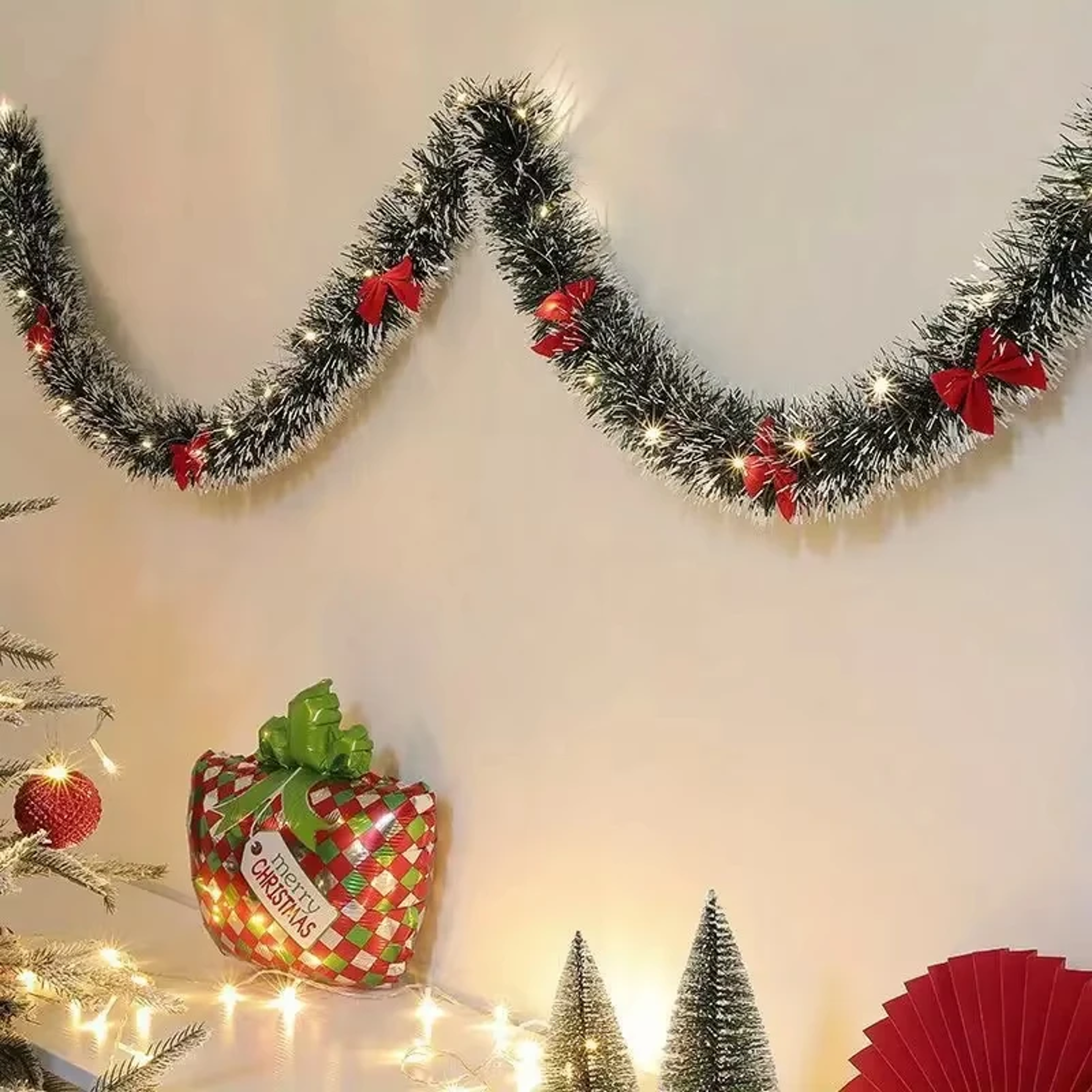 Christmas Tinsel Garland With LED Lights Metallic Twist Hanging Garland For Fireplace And Xmas Deco 0