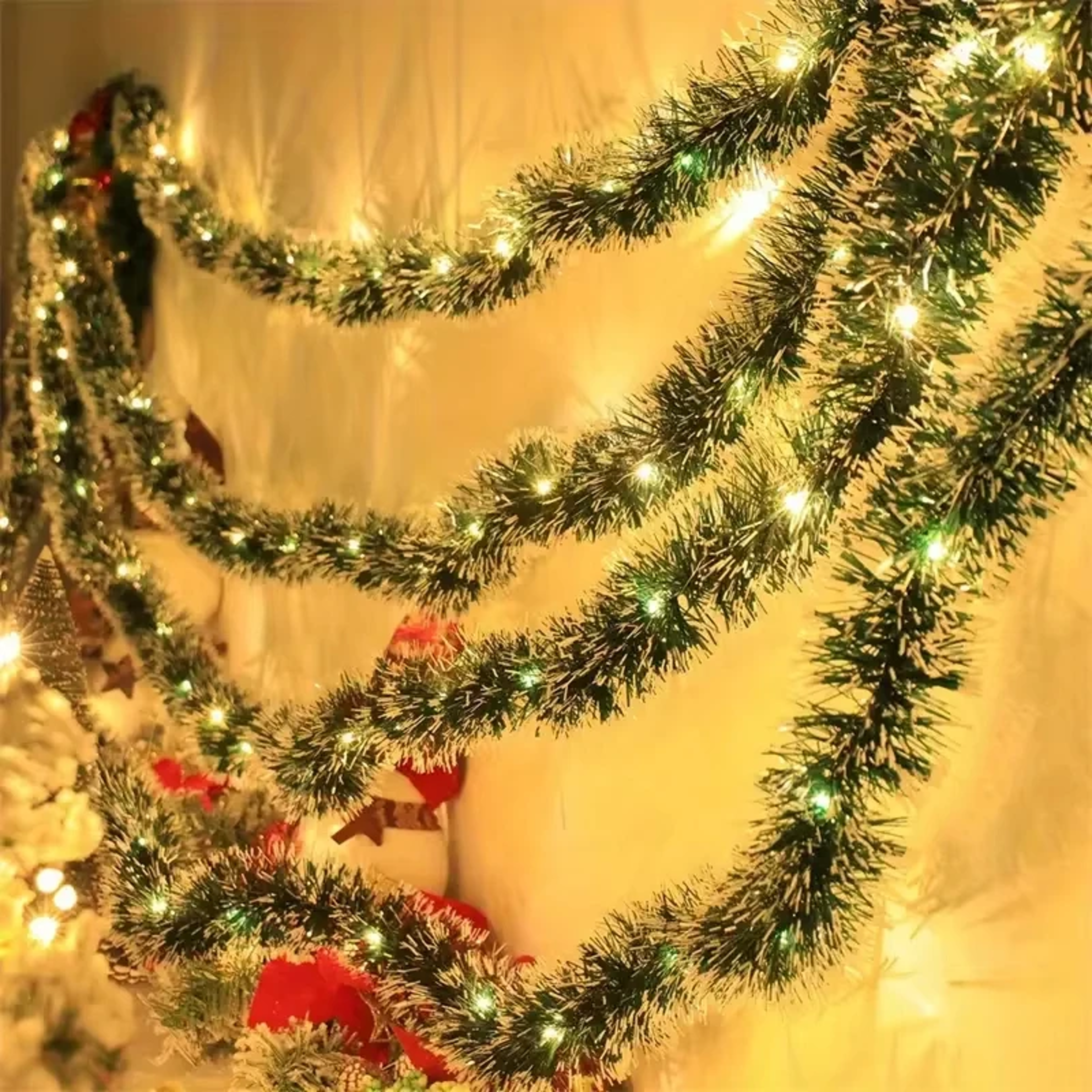 Christmas Tinsel Garland With LED Lights Metallic Twist Hanging Garland For Fireplace And Xmas Deco 1
