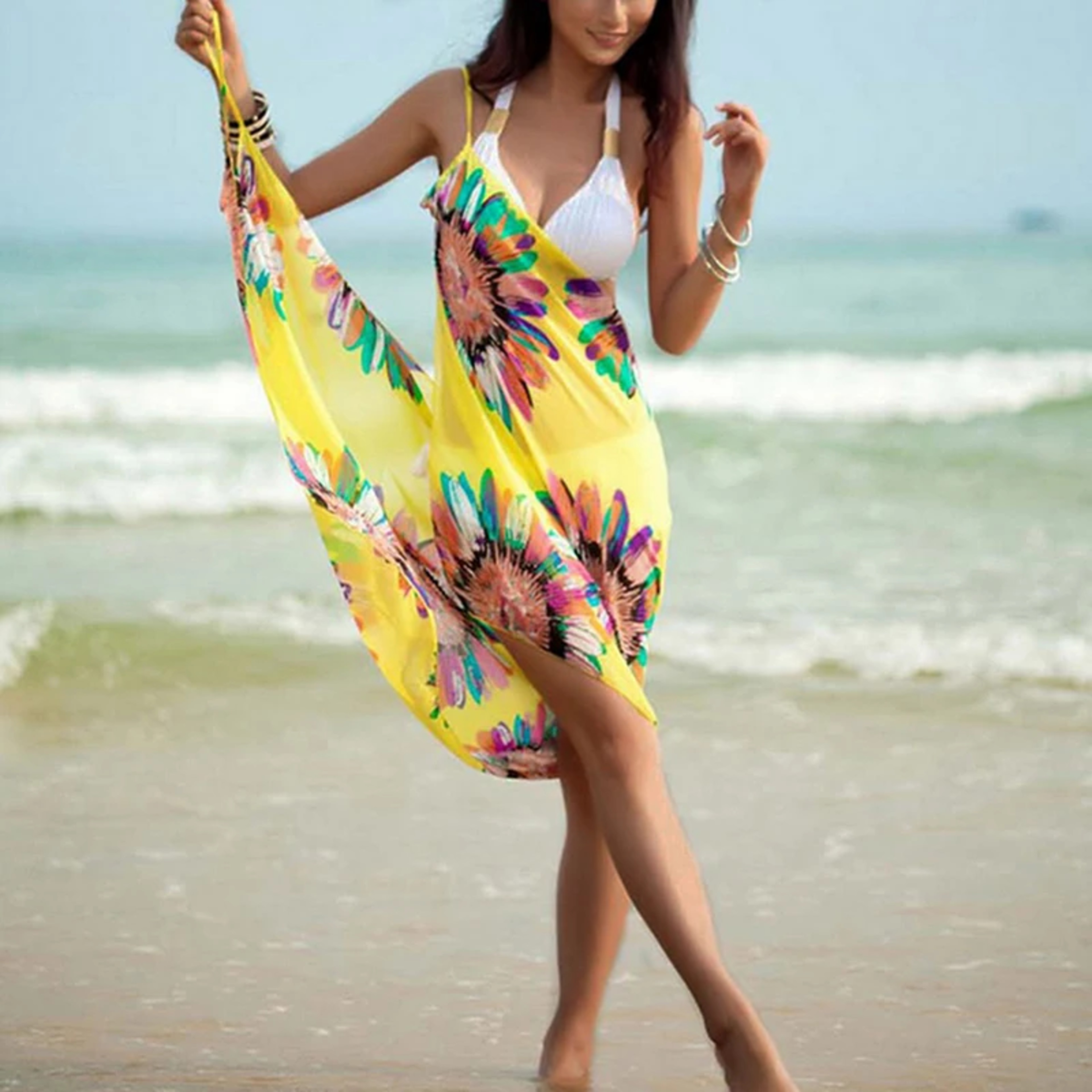 Printed Halter Chiffon Beach Dress Sexy Bikini Wrap Pareo Skirts Women Cover Ups Open Back Swimwear 1