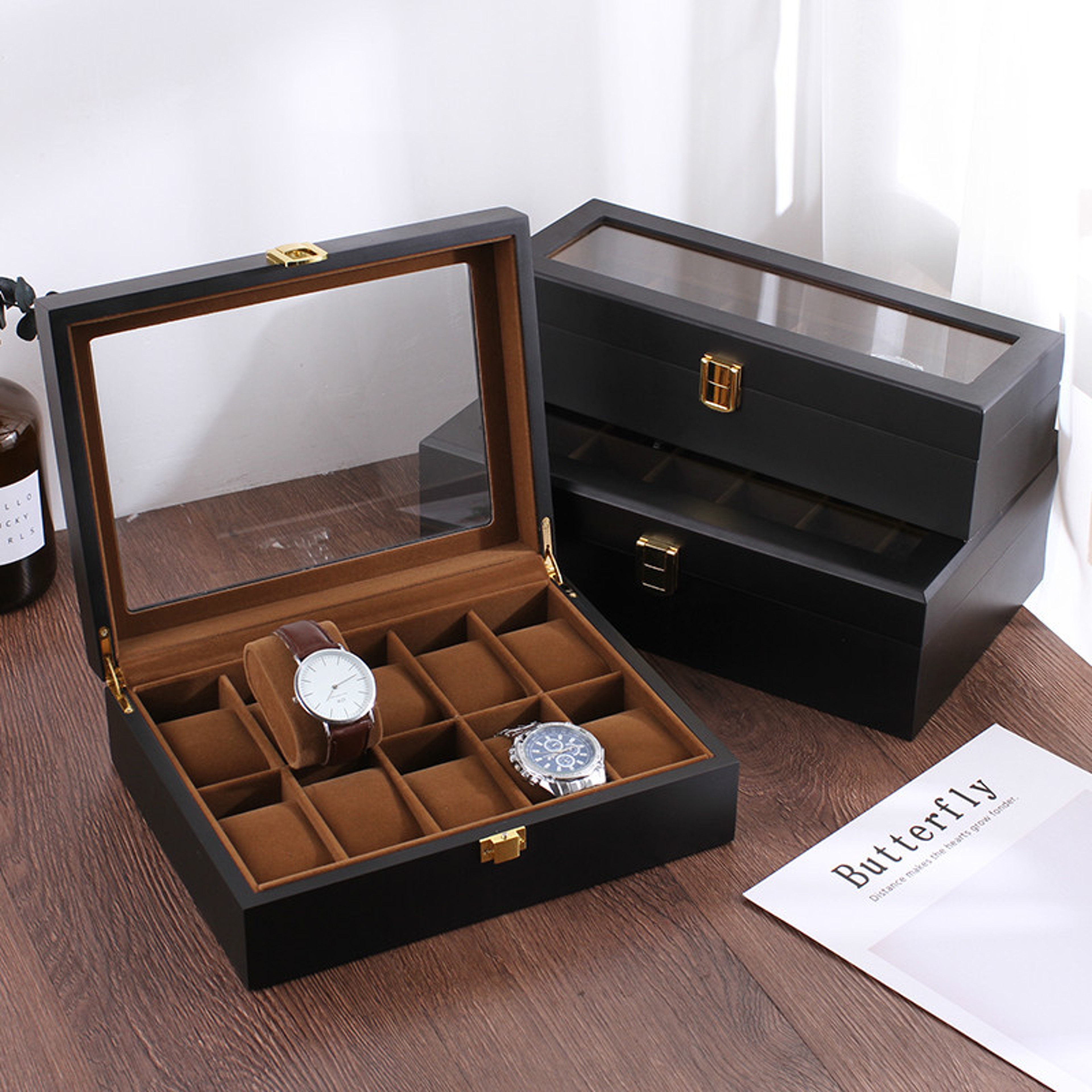 Handmade Wood Watch Box Grids Jewelry Holder, Storage Organizer for Watch Display Case – view 5
