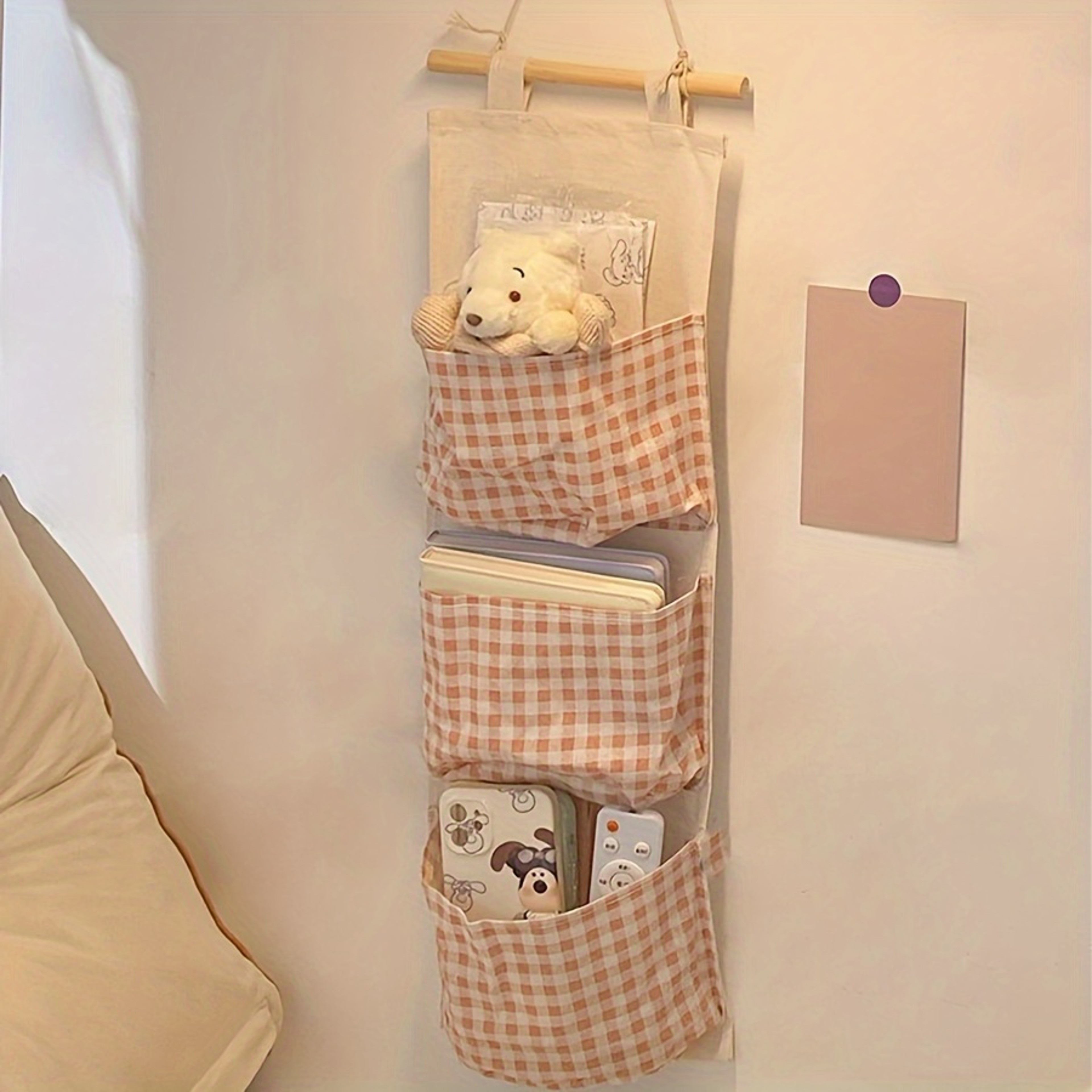 Multi pocket Hanging Pink Checkered Storage Bag, Fabric Hanging Bag, Cute Pink Space Saving Bedroom Organizers Storage – view 5