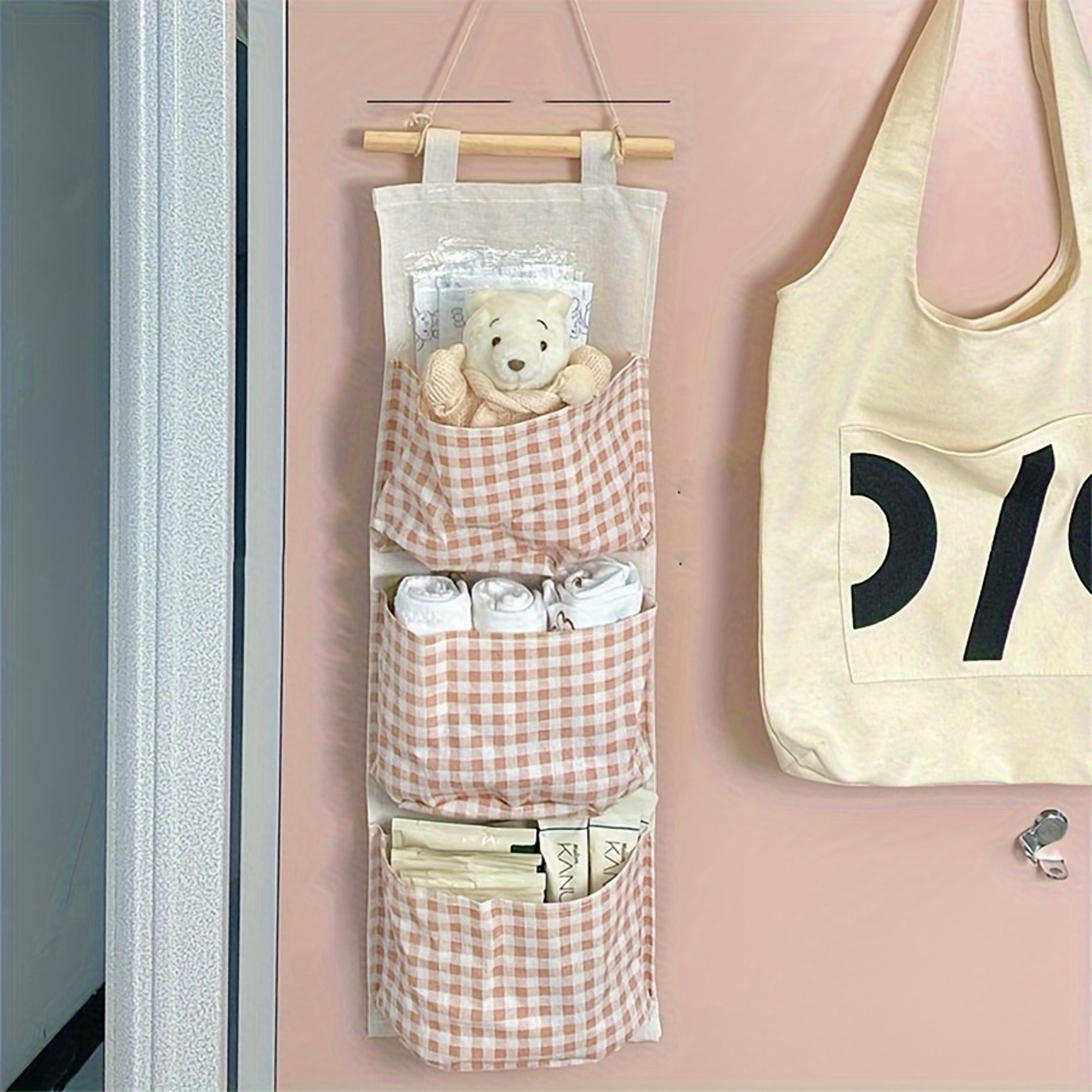 Multi pocket Hanging Pink Checkered Storage Bag, Fabric Hanging Bag, Cute Pink Space Saving Bedroom Organizers Storage – view 6