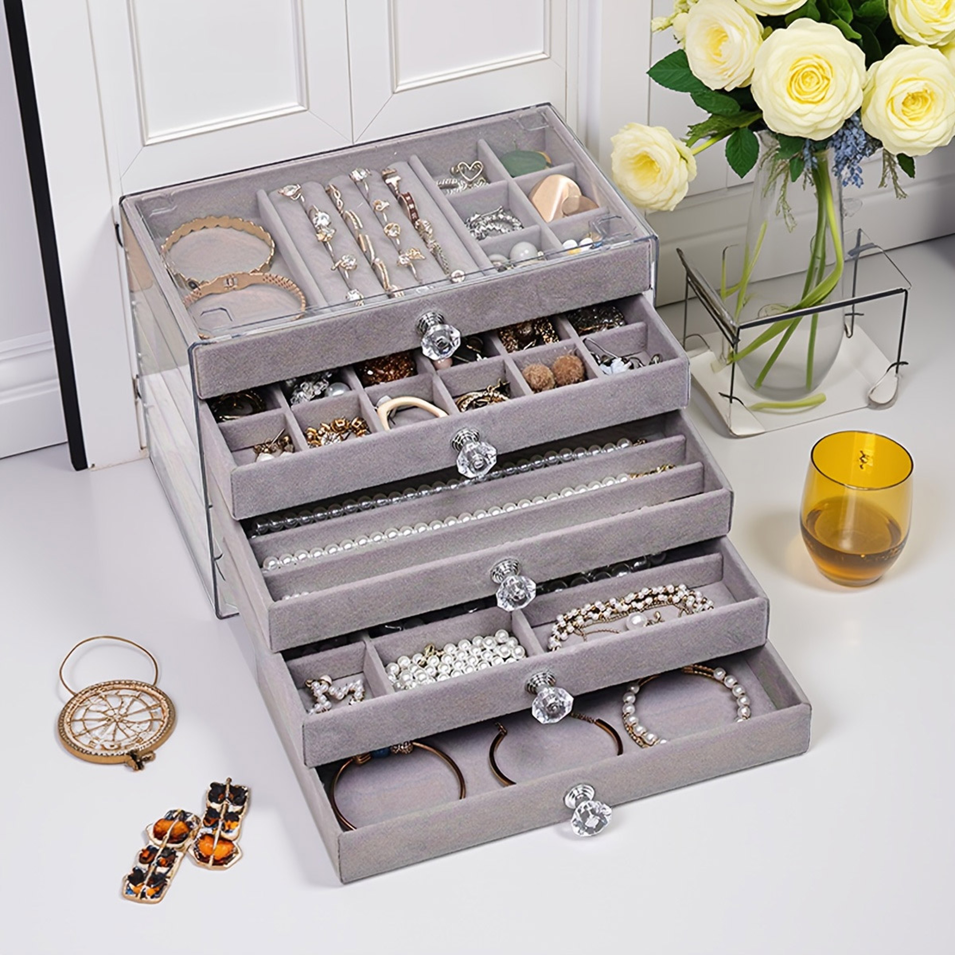 Elegant jewelry display box, 5-layer jewelry box, velvet drawer tray, transparent jewelry storage box for home decor – view 1