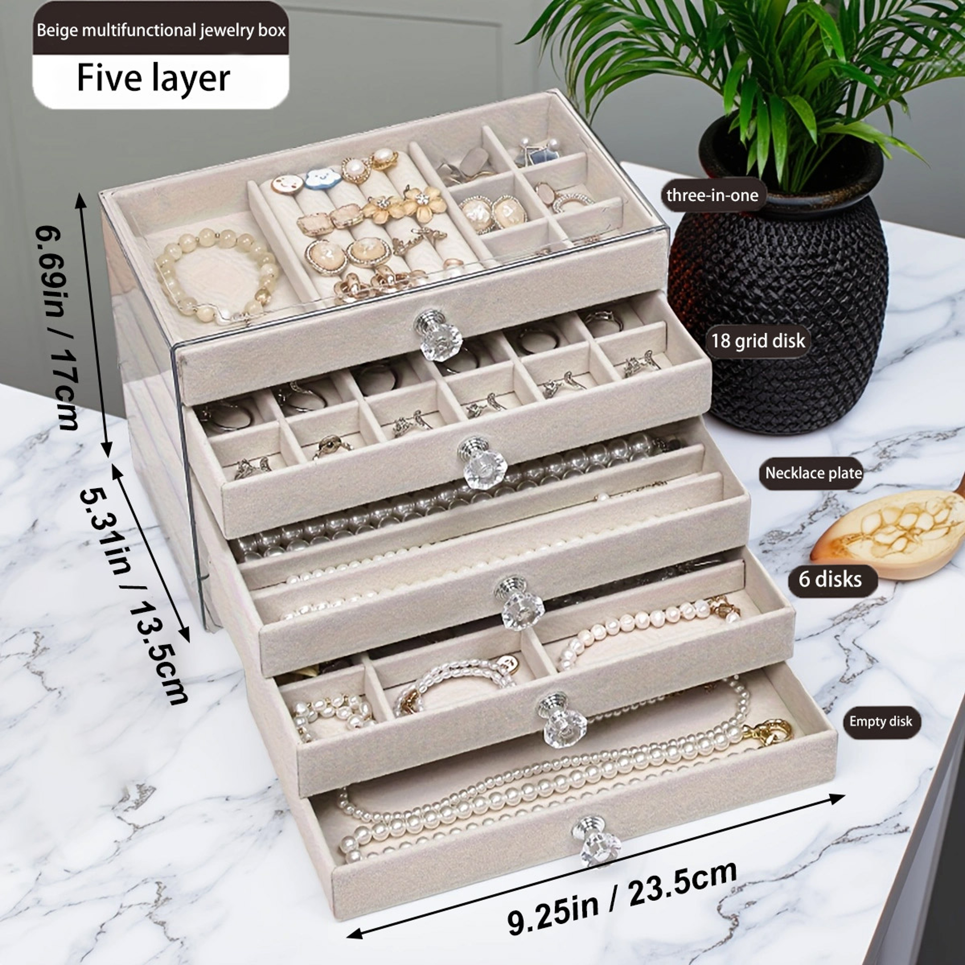 Elegant jewelry display box, 5-layer jewelry box, velvet drawer tray, transparent jewelry storage box for home decor – view 7