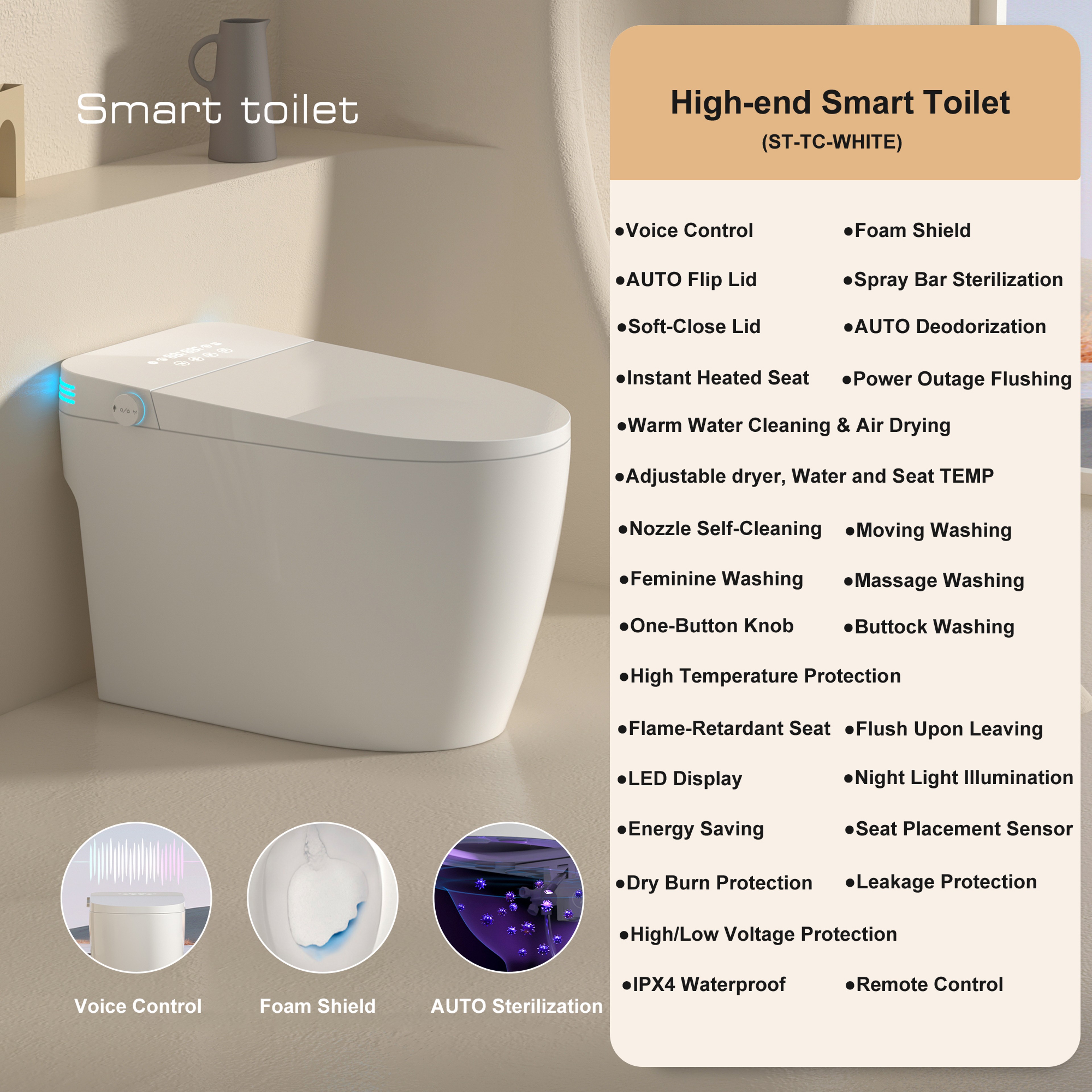 Smart Toilet with Built-in Bidet, AUTO Open/Close, Warm Water Sprayer, Heated Bidet Toilet Seat for Bathrooms, AUTO Dual – view 8