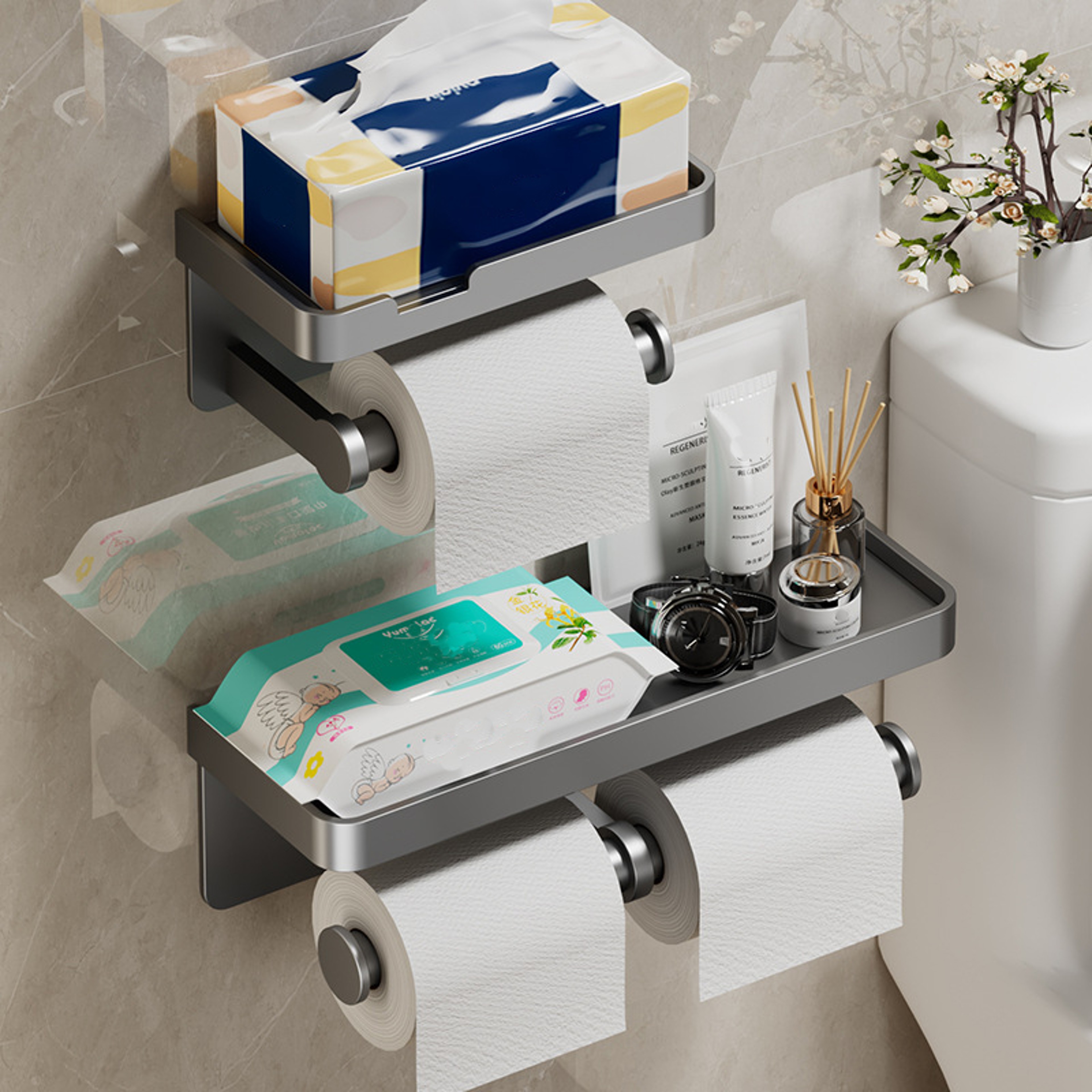Space Aluminum Toilet Paper Holder, Bathroom Wall Mount, Phone Holder Shelf, Towel Roll Shelf, Bathroom Accessories – view 2