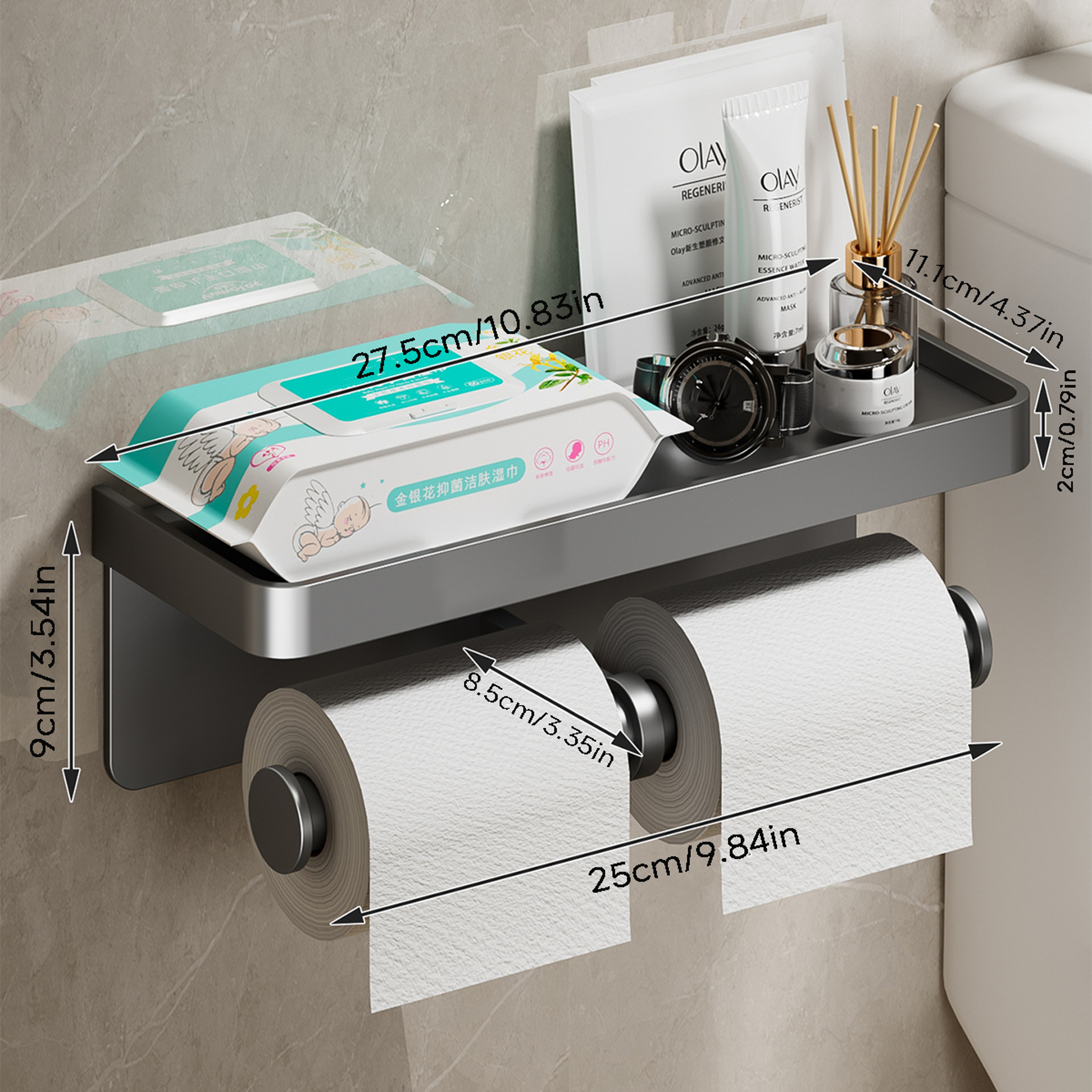 Space Aluminum Toilet Paper Holder, Bathroom Wall Mount, Phone Holder Shelf, Towel Roll Shelf, Bathroom Accessories – view 11