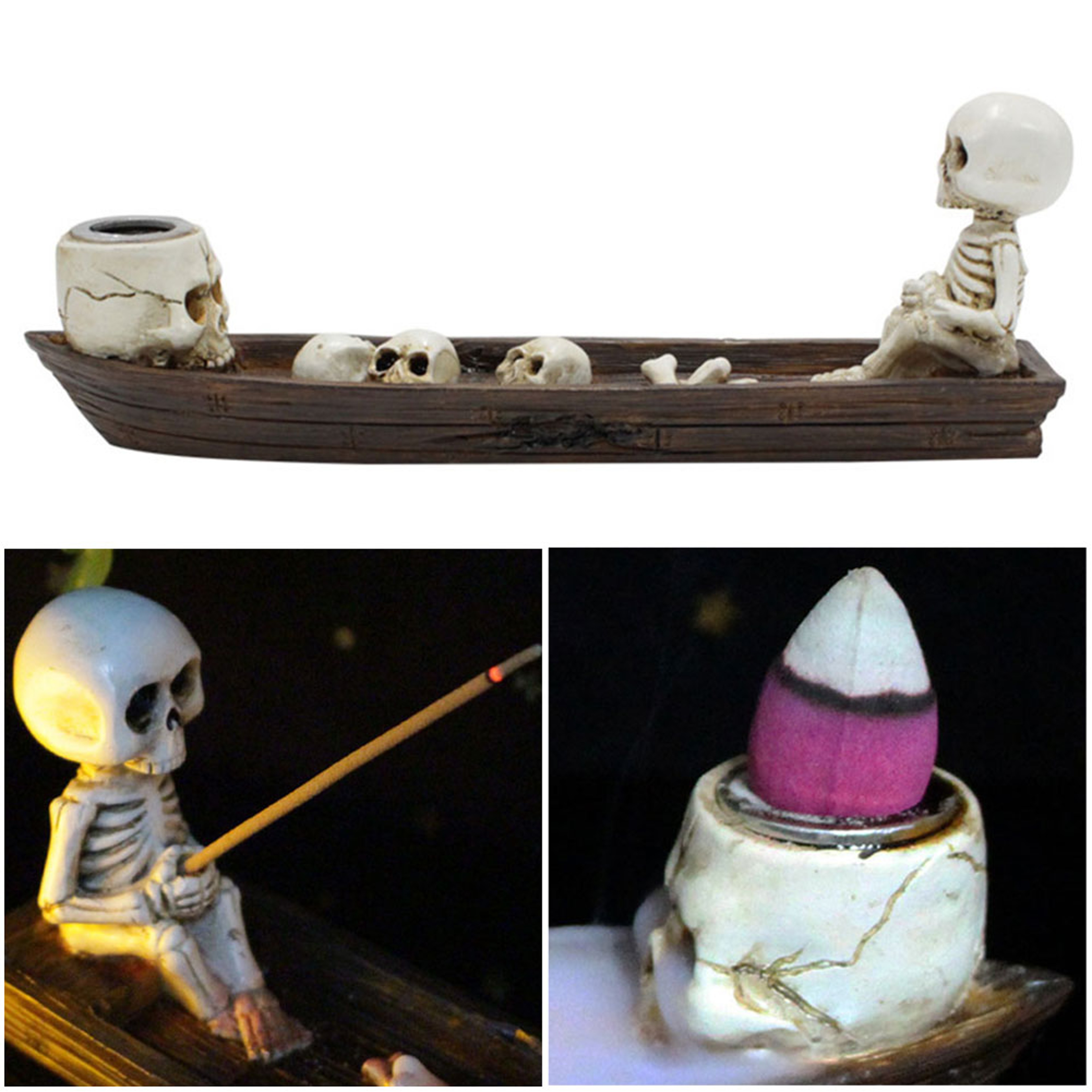 Skull Boat Incense Holder Ghost Fishing Boat Incense Burner, Creative Skeleton Statue for Study Room Meditation – view 3