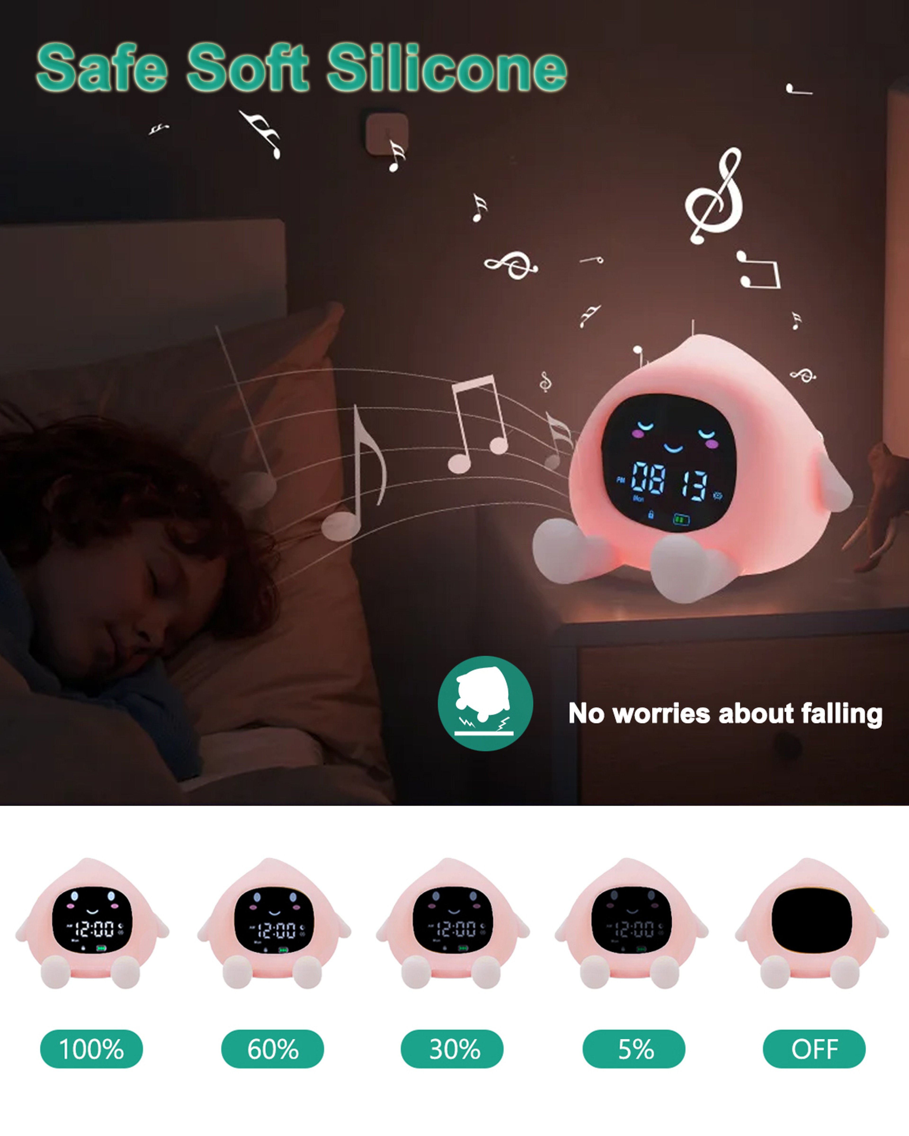 Smart Kids Alarm Clock with Sleep Training Light and Rechargeable Night Light for Gentle Wake Up – view 4