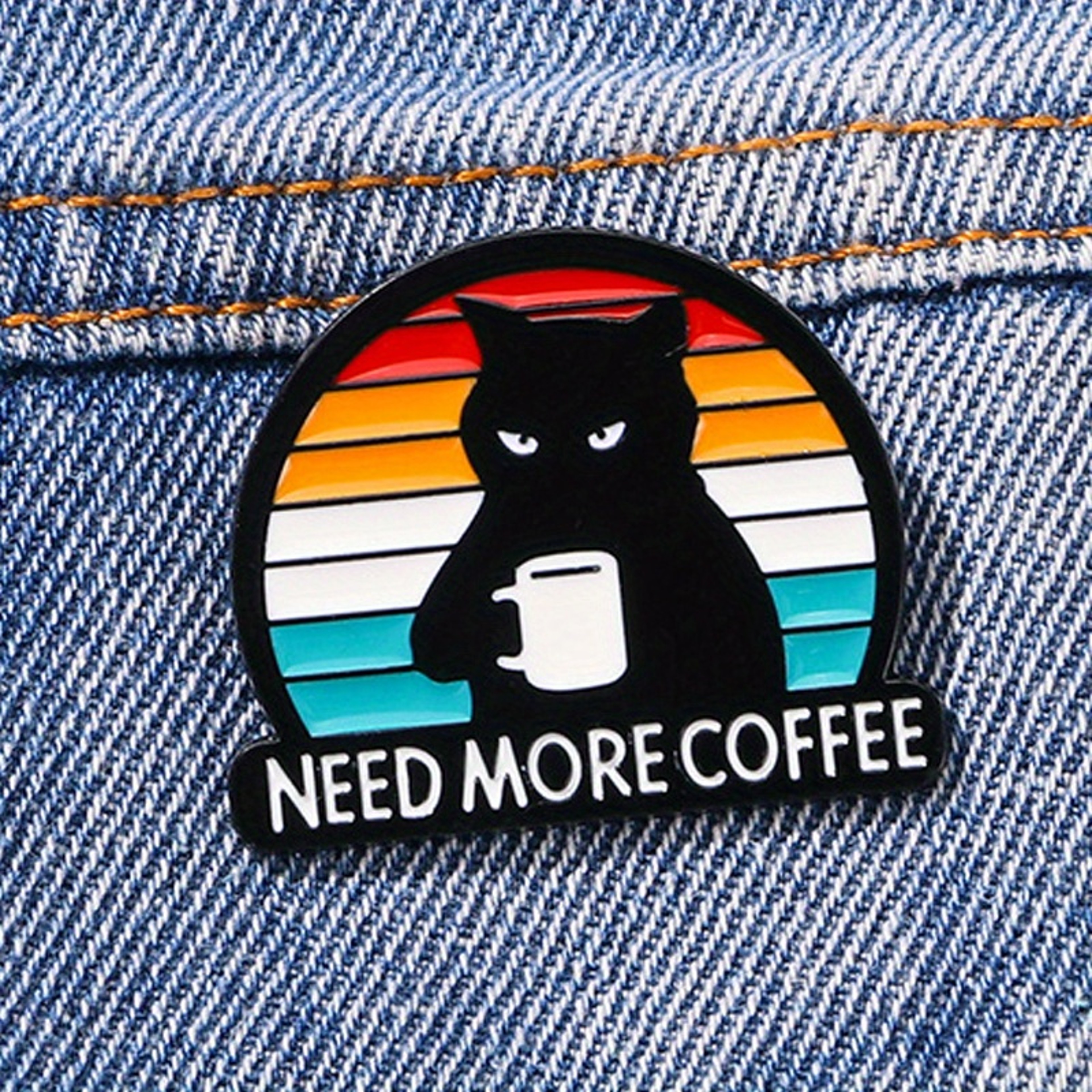 Need More Coffee Funny Black Cat Coffee Brooch Pin Badge Cute Cat Lover Accessory – view 1
