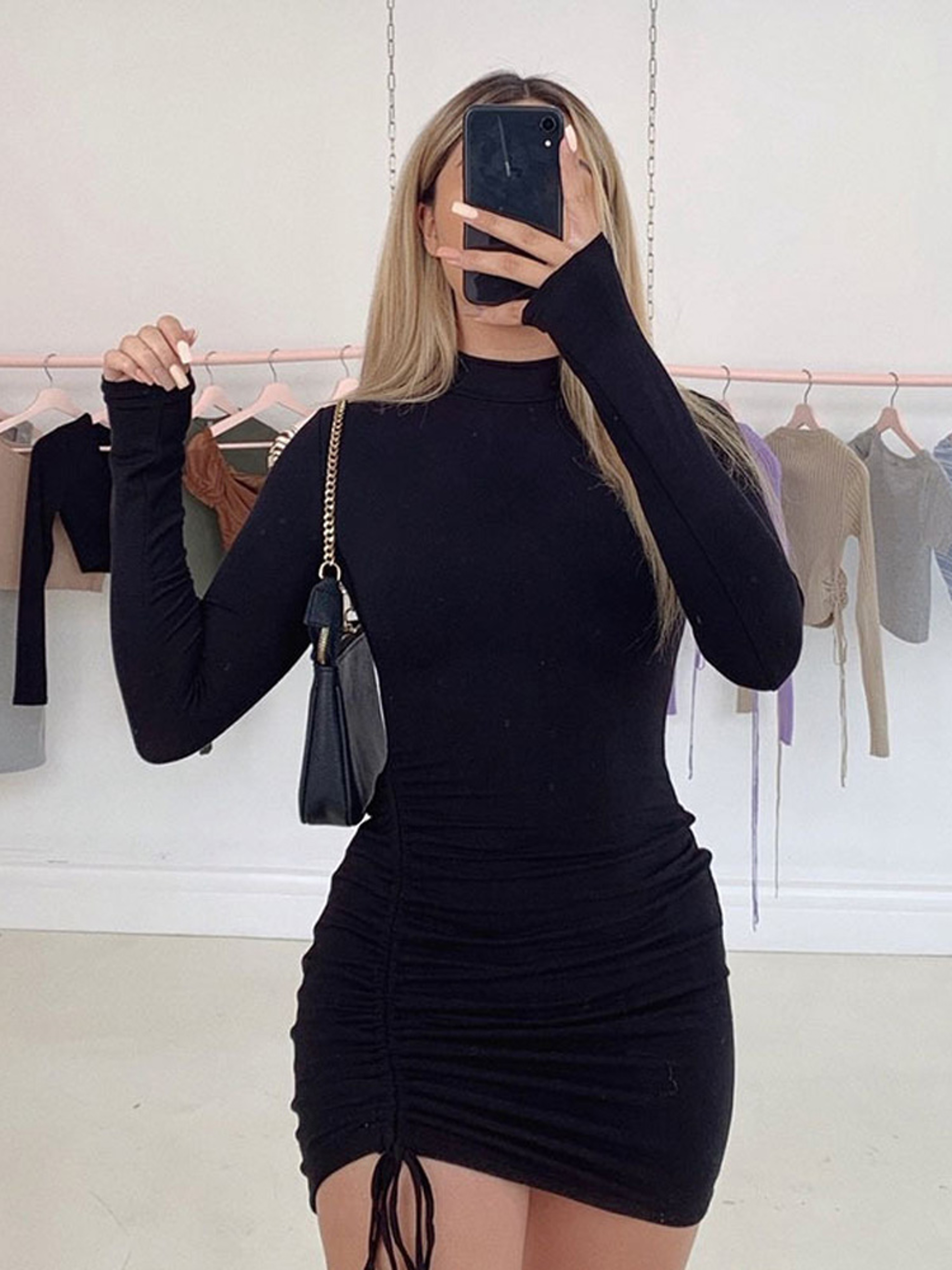 Stretchy Black Bandage Mini Dress Turtleneck Autumn Party Mini Dresses Autumn Black Skinny Stretchy Party Vestidos – view 3