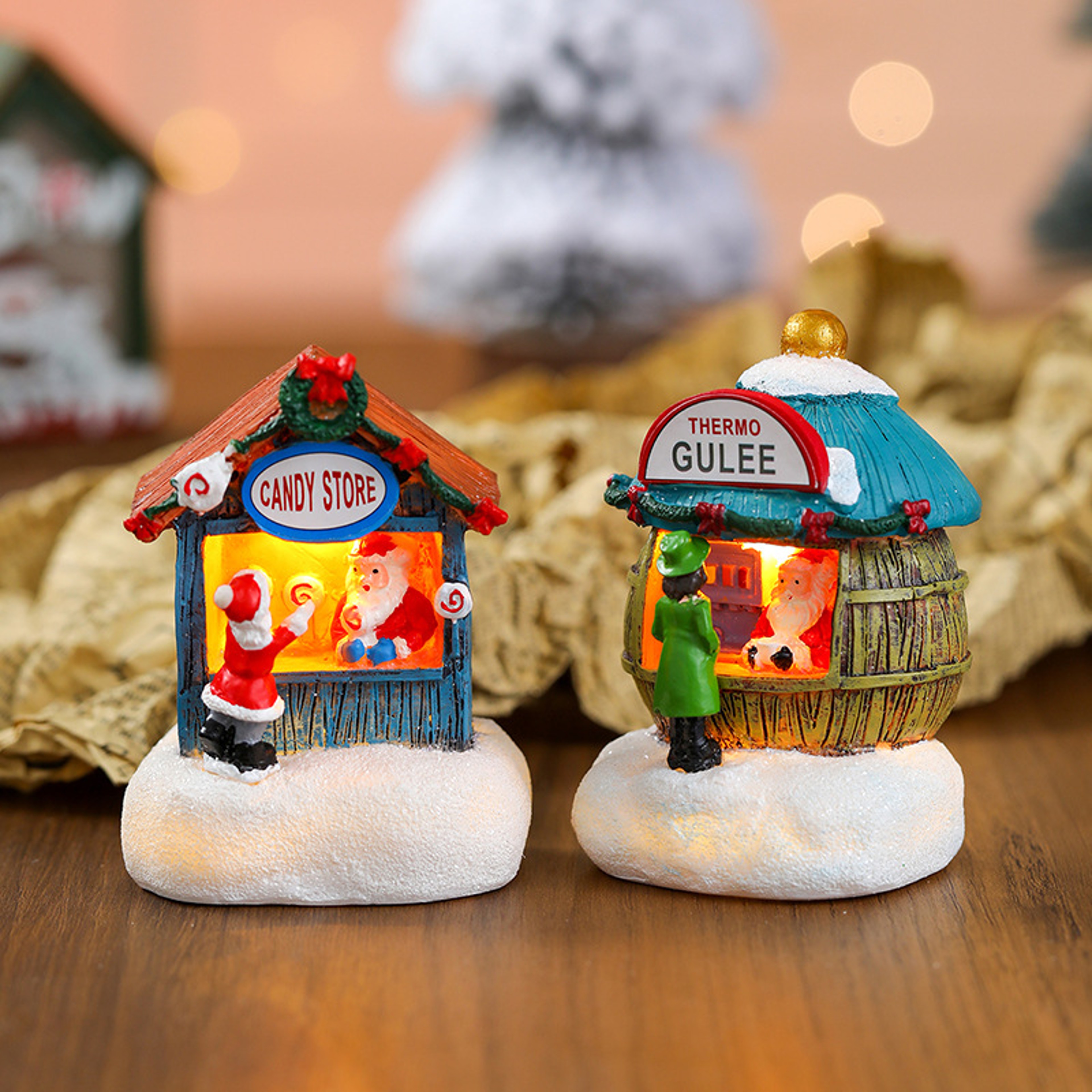 Resin Santa Claus Snowman Luminous Christmas LED House Pine Needles Snow Micro Landscape Ornaments 10