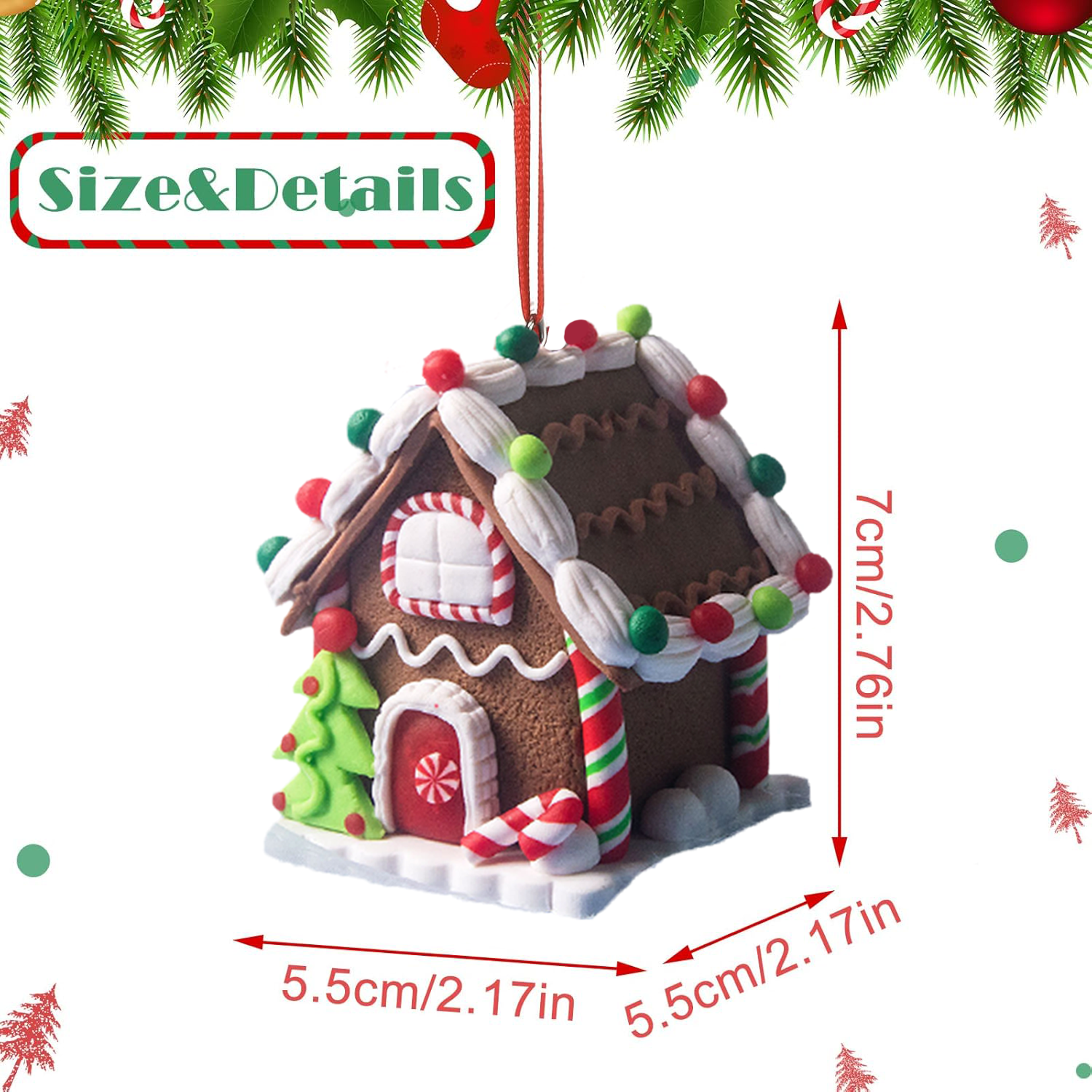 Holiday Gingerbread Christmas Tree Ornaments Set 5pcs House Decor With Rope 6
