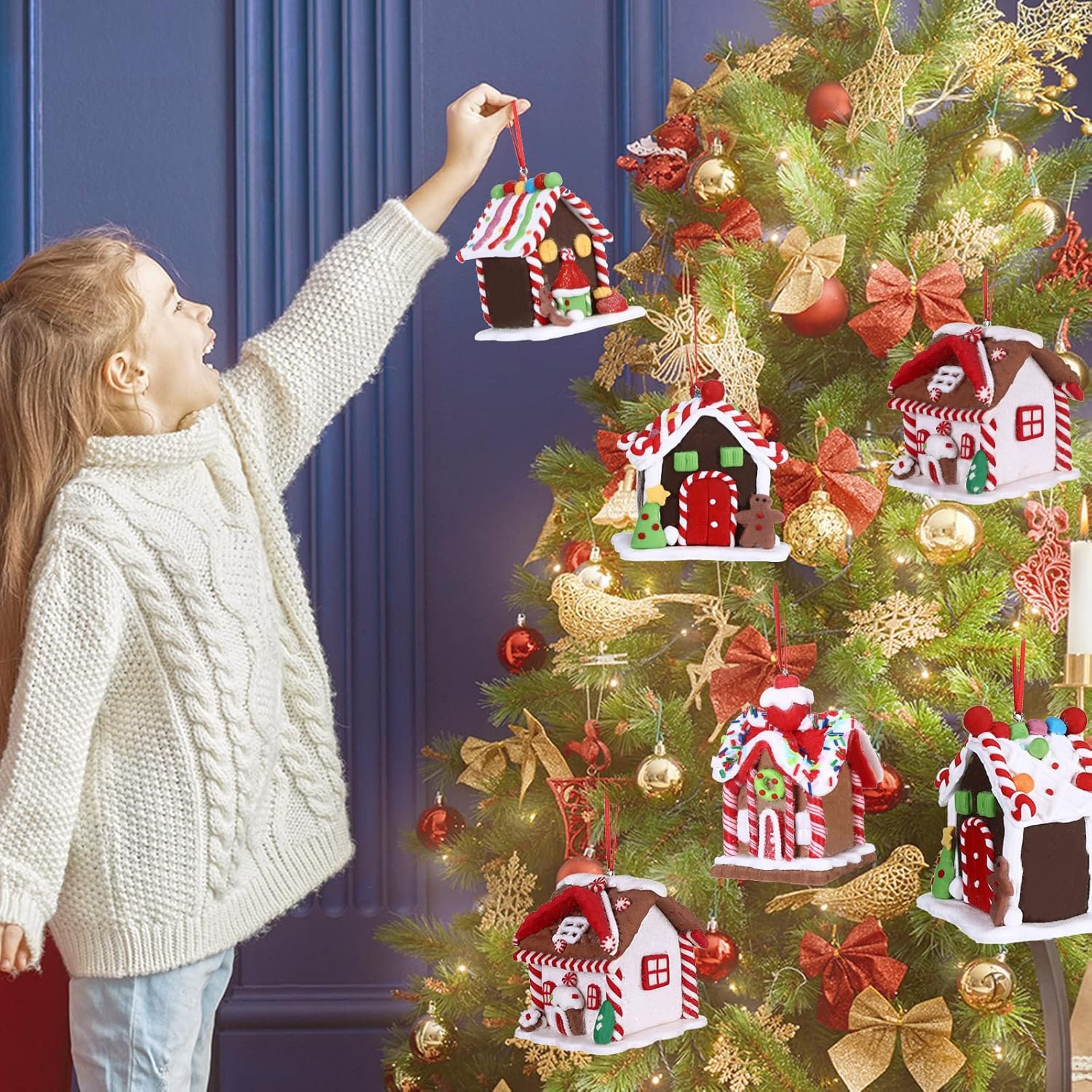 Holiday Gingerbread Christmas Tree Ornaments Set 5pcs House Decor With Rope 10