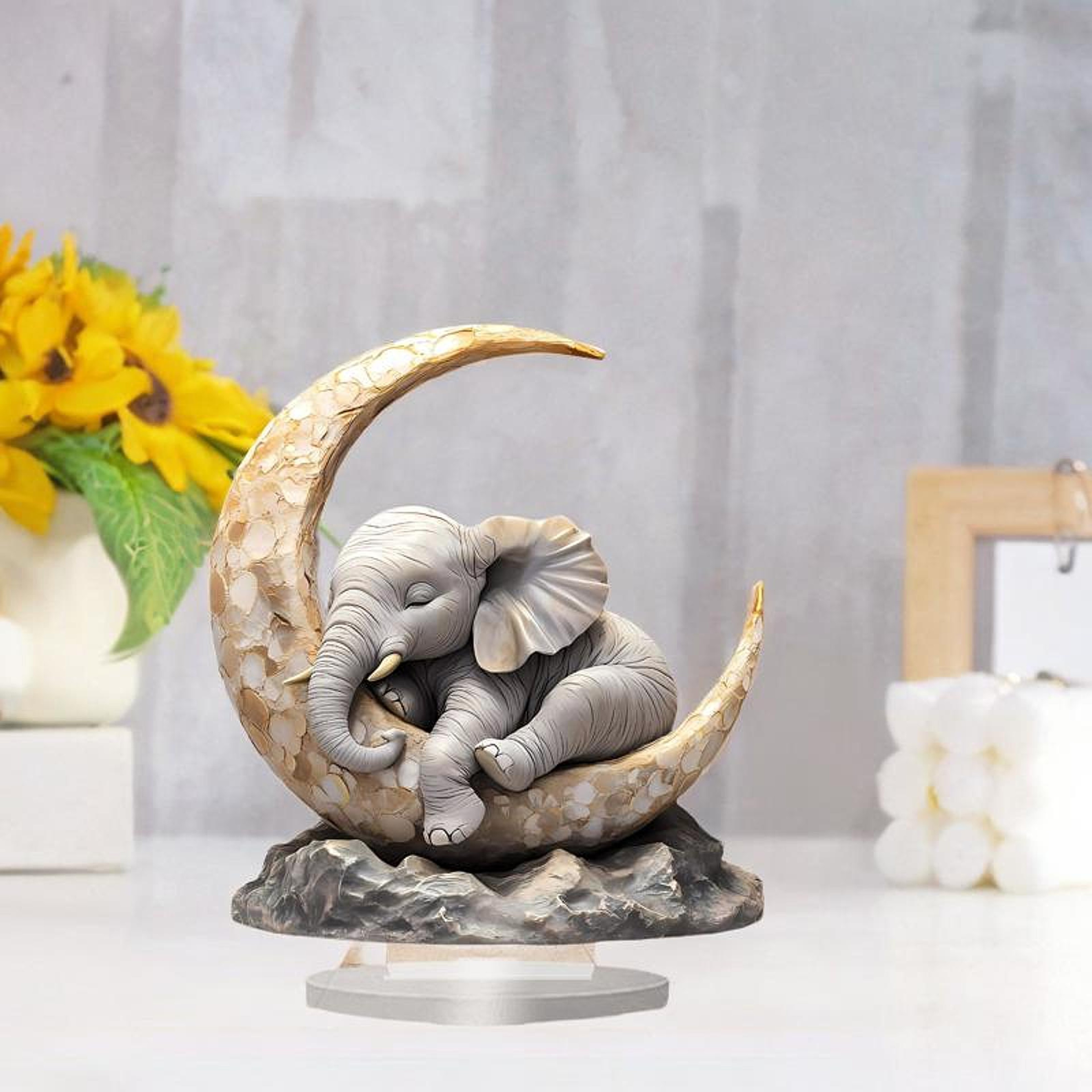 Cute Elephant Sleeping on The Moon Animal Present Acrylic Ornament for Bookshelf – view 2