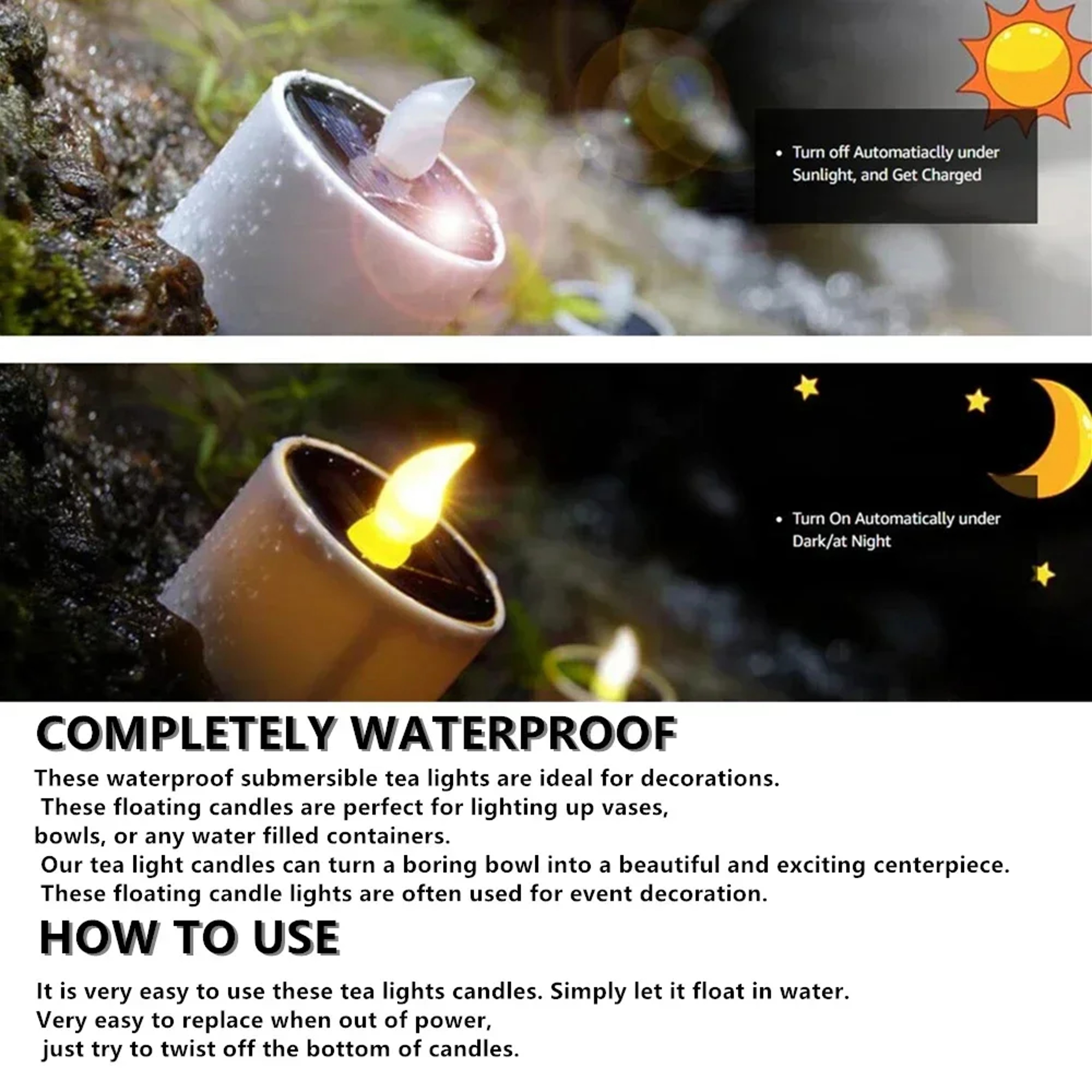 Solar Candles Waterproof Reusable LED Tea Light Candles Dusk To Dawn Lighting For Lanterns Garden 2