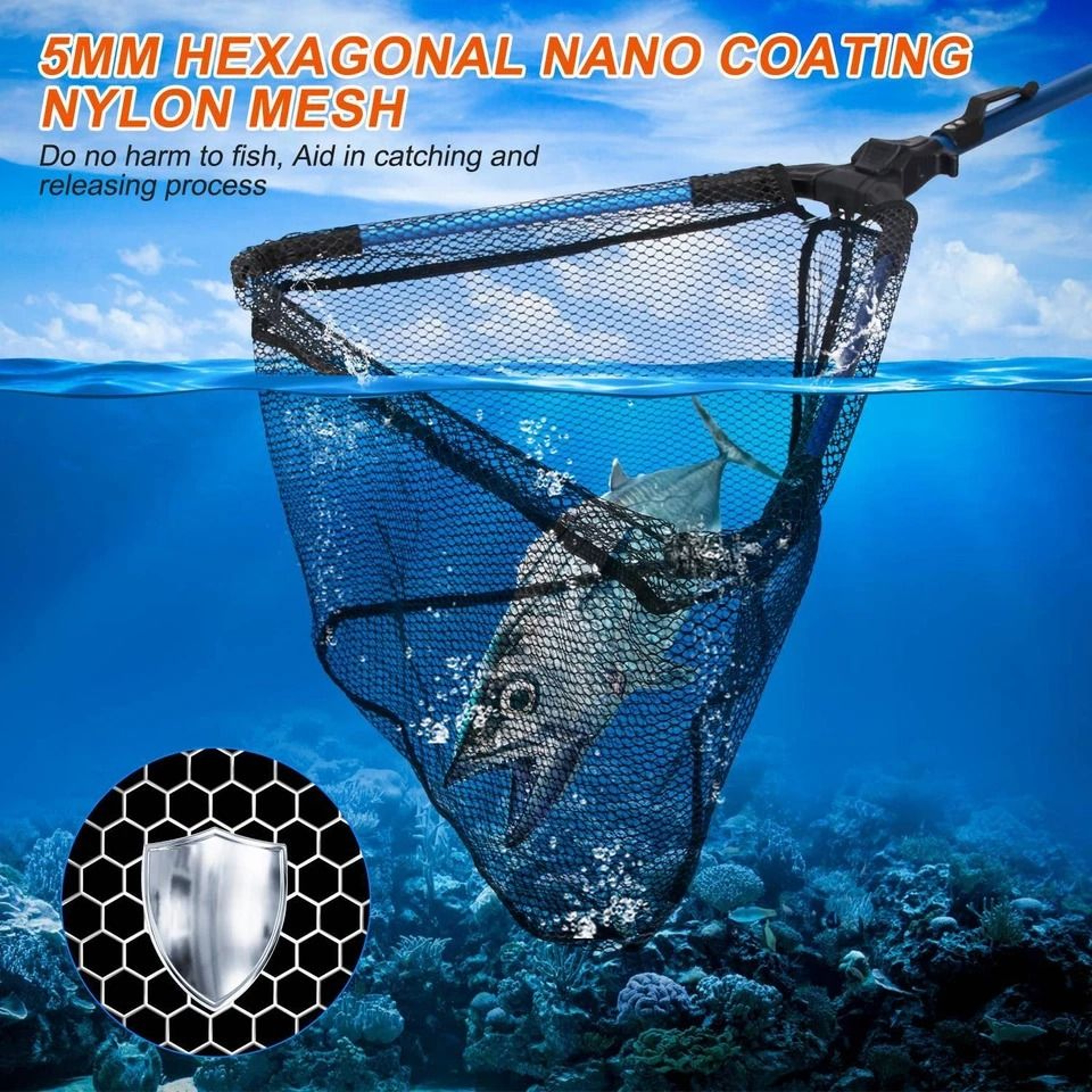 Fishing Net Hexagonal Foldable Design Durable Aluminum Alloy Handle Nano Coating Nylon Mesh Perfect