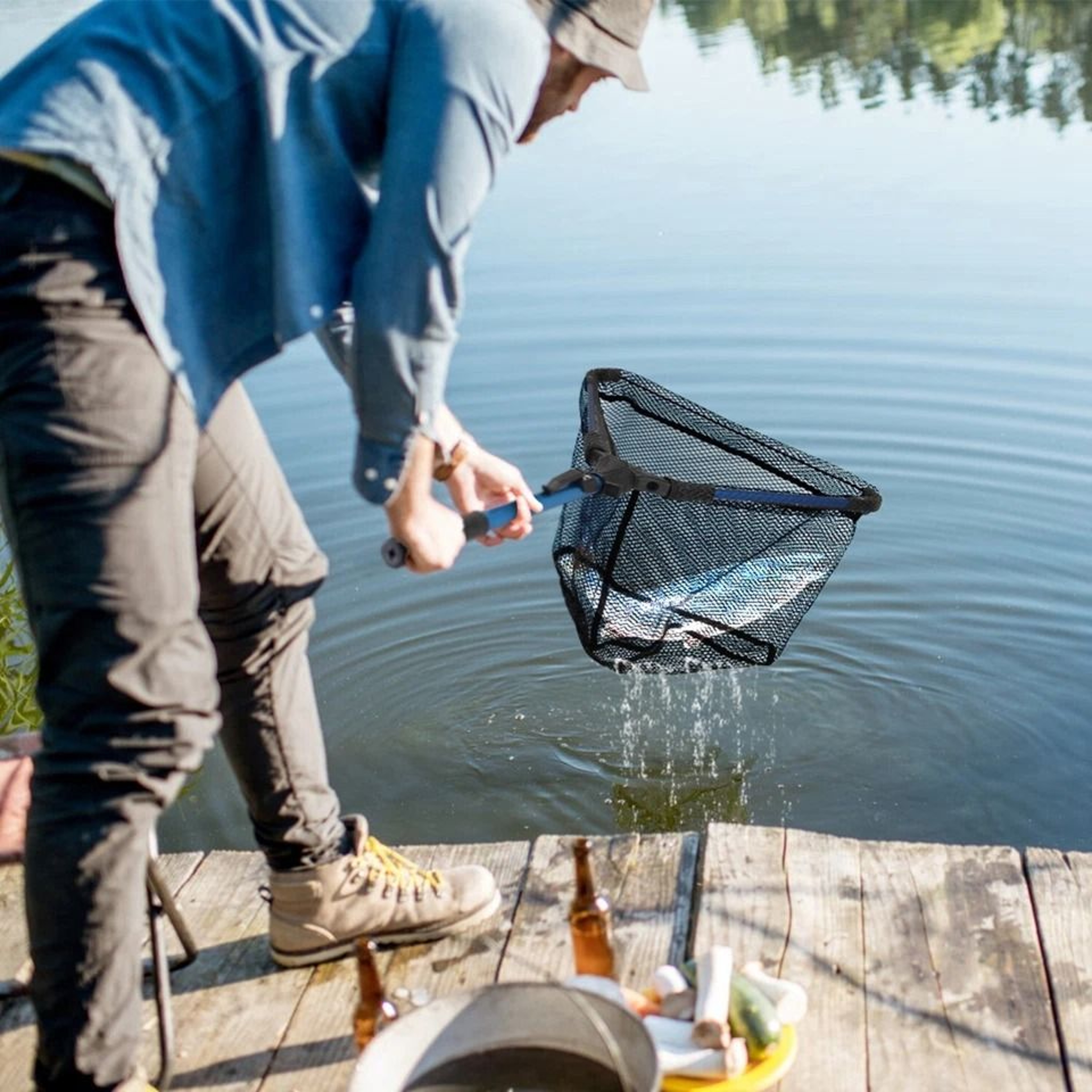 Fishing Net Hexagonal Foldable Design Durable Aluminum Alloy Handle Nano Coating Nylon Mesh Perfect