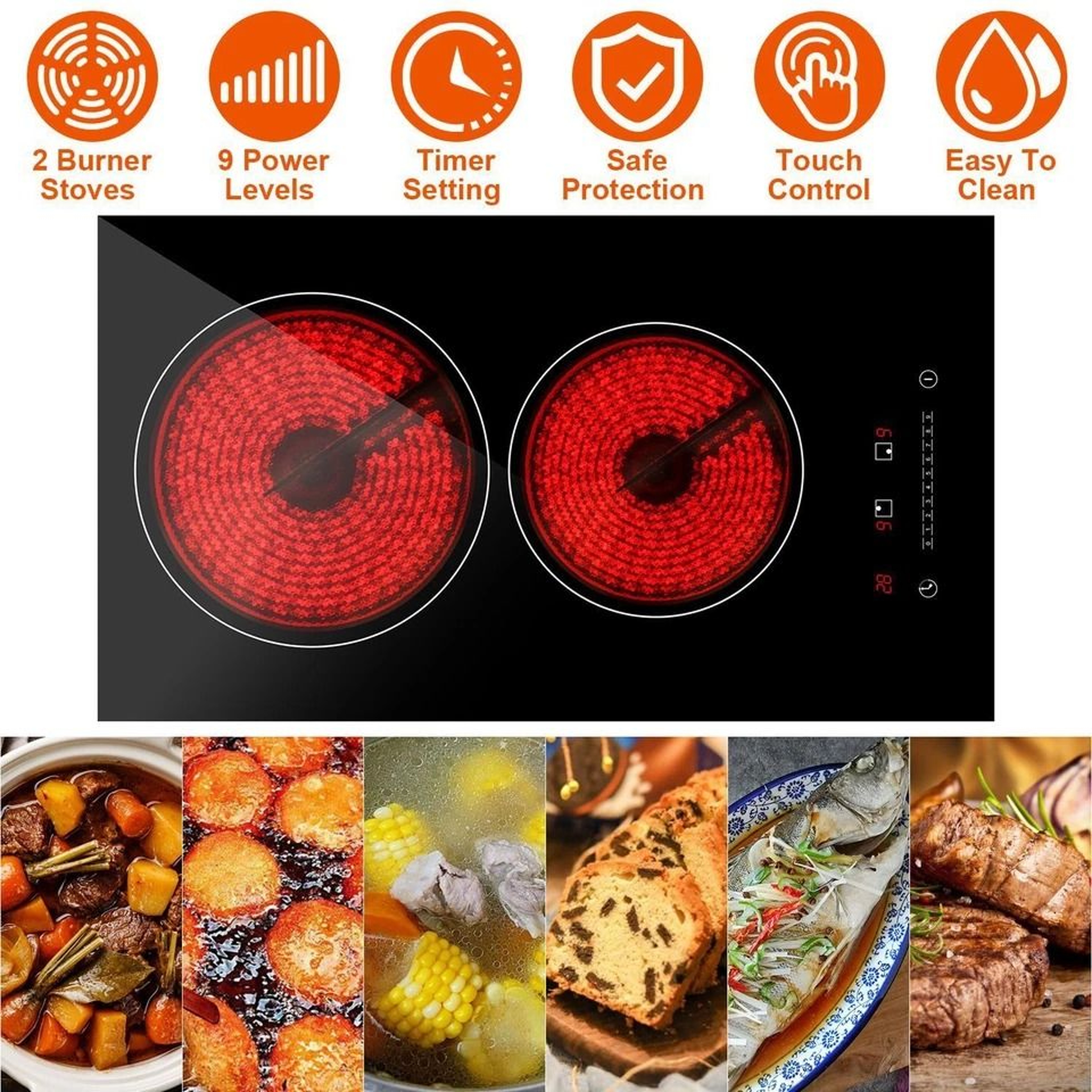 Electric Stove Hot Plates Dual Burner Ceramic Cooktop Touch Control Adjustable Power Levels Fast He 11